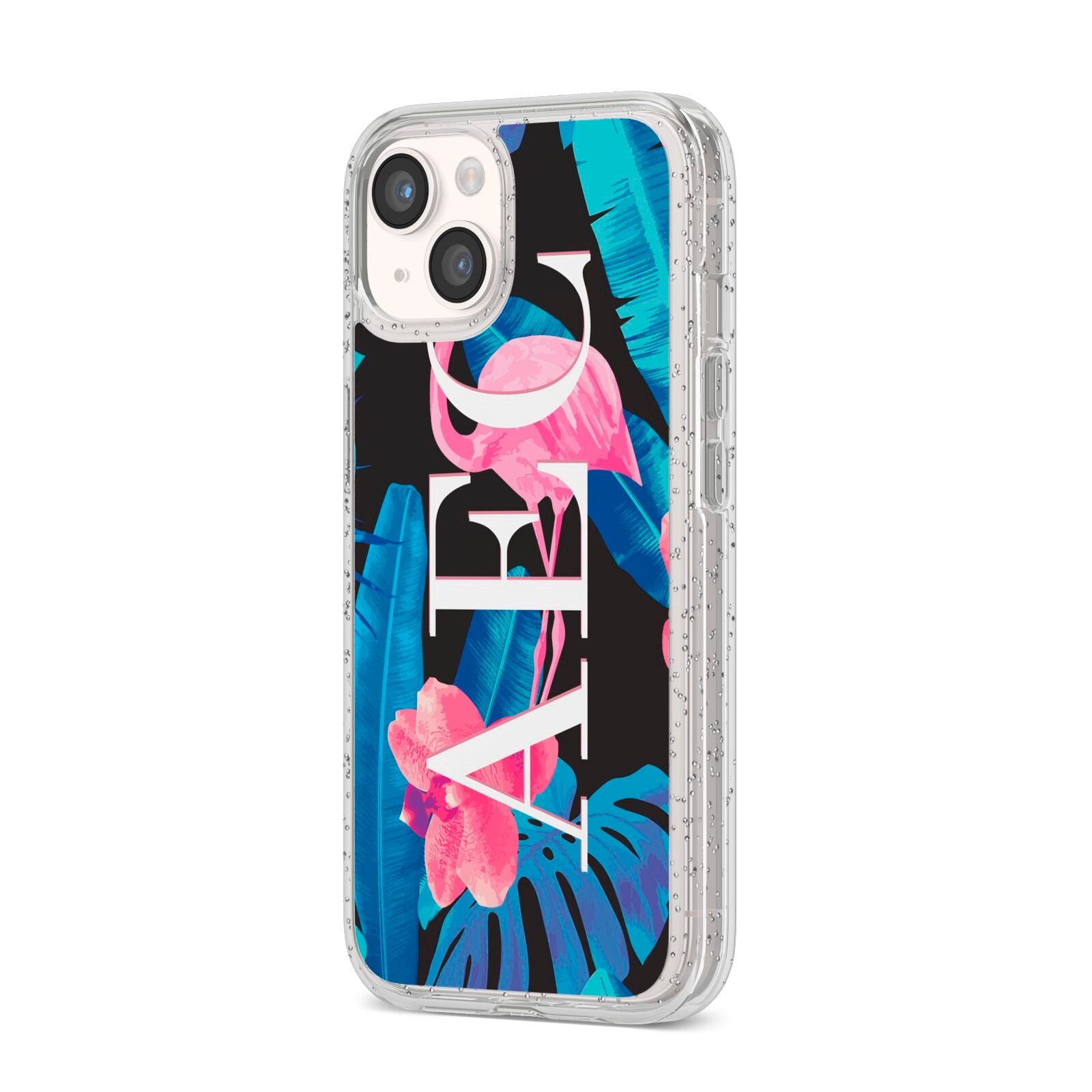 Black Blue Tropical Flamingo iPhone 14 Glitter Tough Case Starlight Angled Image