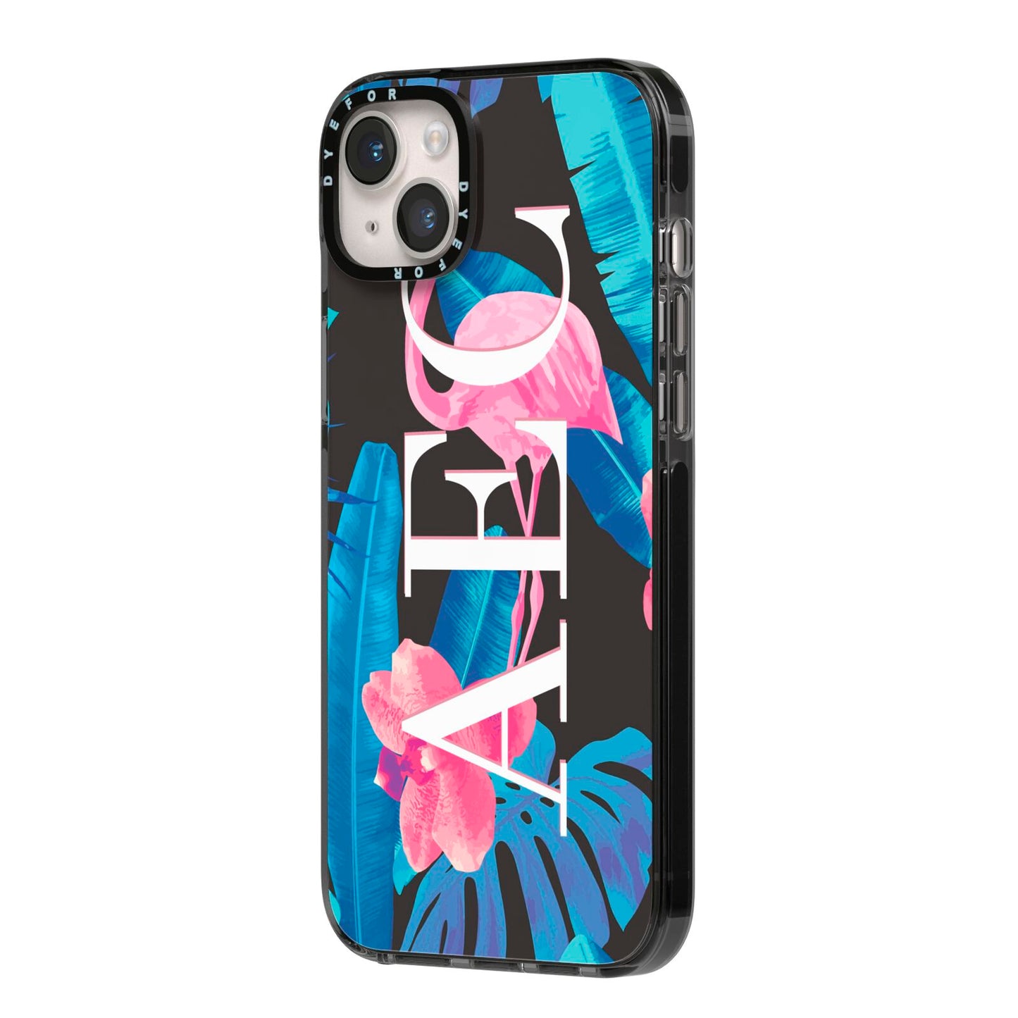 Black Blue Tropical Flamingo iPhone 14 Plus Black Impact Case Side Angle on Silver phone