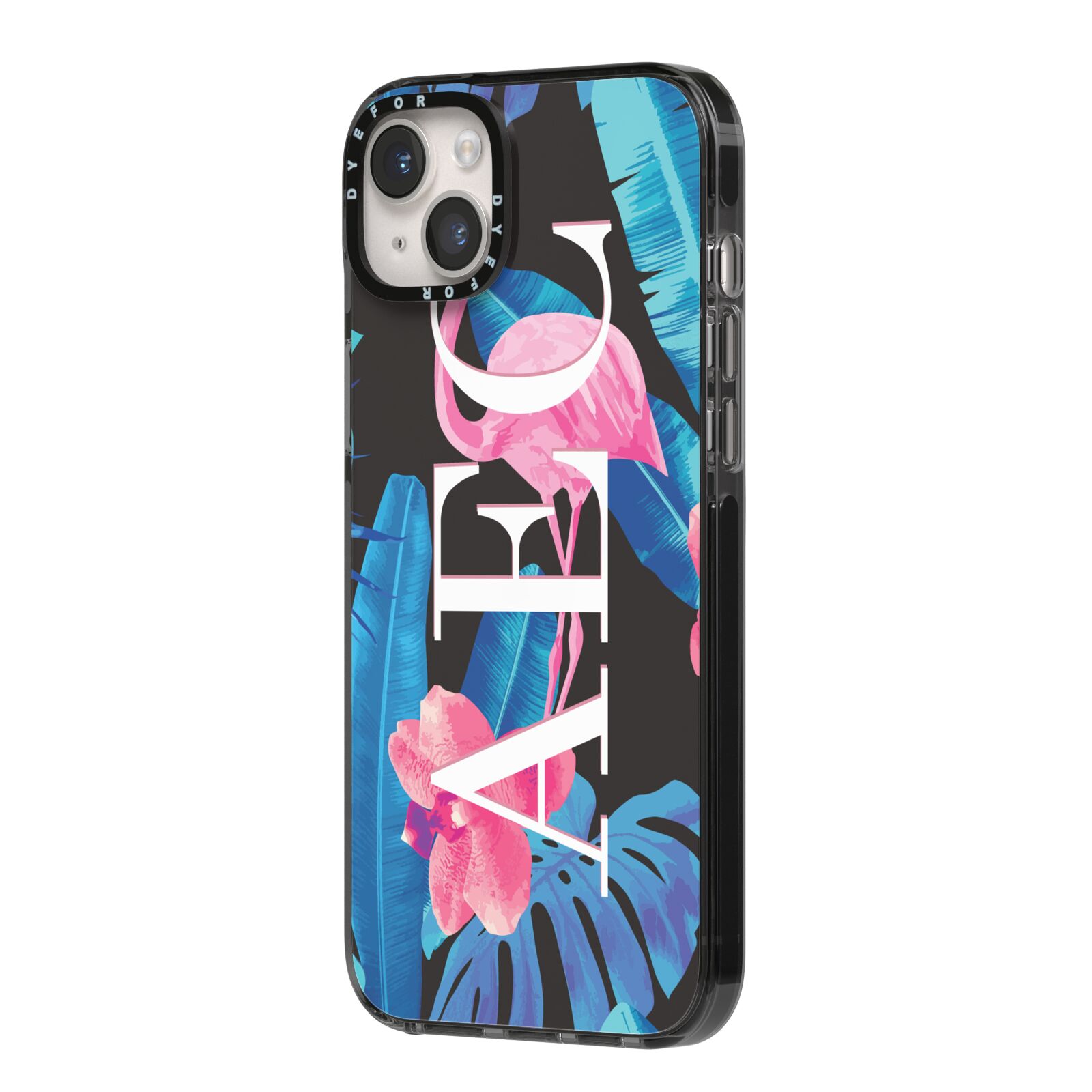 Black Blue Tropical Flamingo iPhone 14 Plus Black Impact Case Side Angle on Silver phone