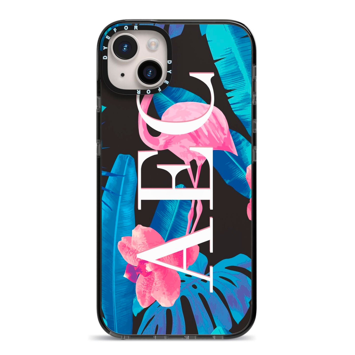Black Blue Tropical Flamingo iPhone 14 Plus Black Impact Case on Silver phone