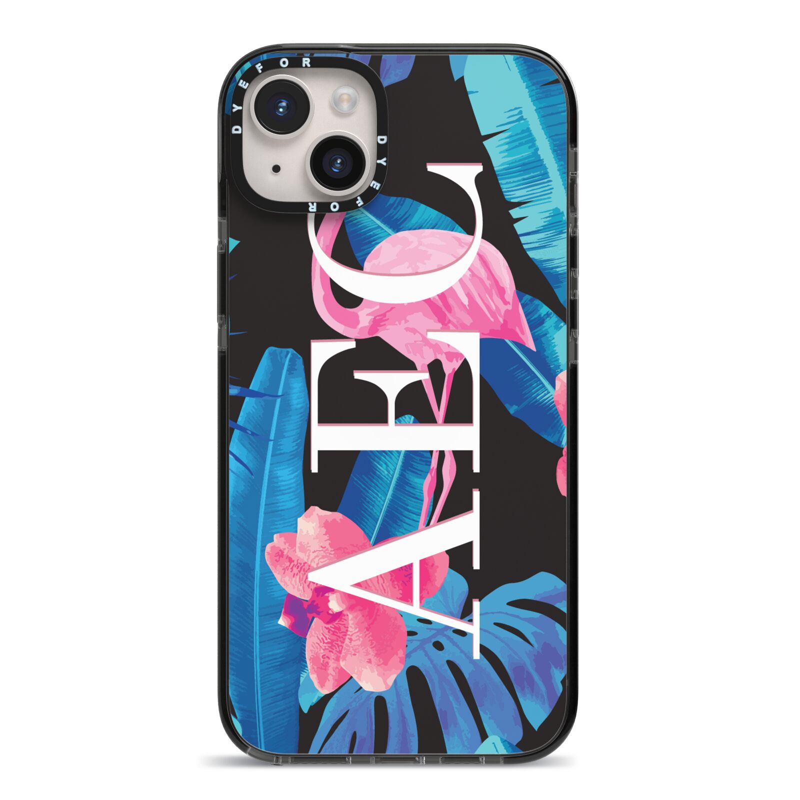Black Blue Tropical Flamingo iPhone 14 Plus Black Impact Case on Silver phone
