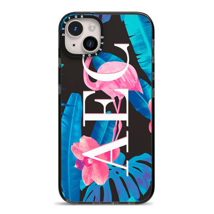 Black Blue Tropical Flamingo iPhone 14 Plus Black Impact Case on Silver phone