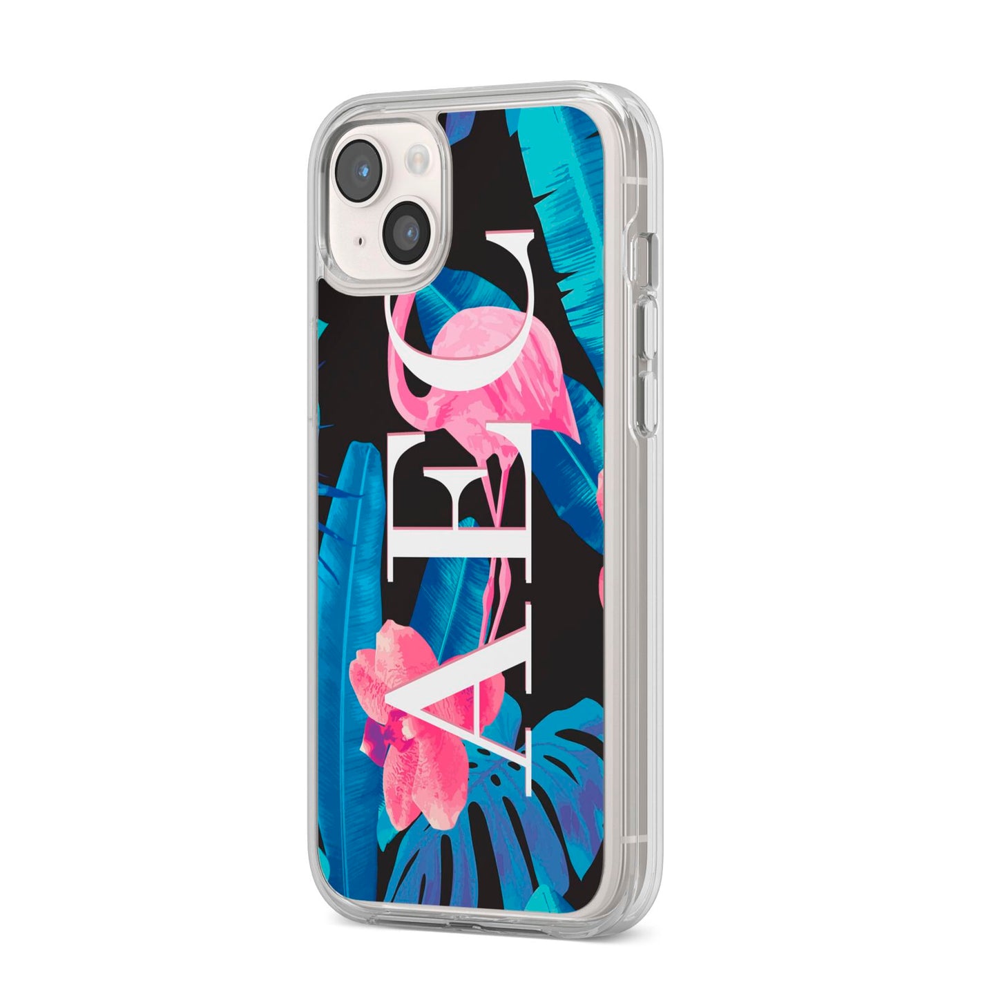 Black Blue Tropical Flamingo iPhone 14 Plus Clear Tough Case Starlight Angled Image