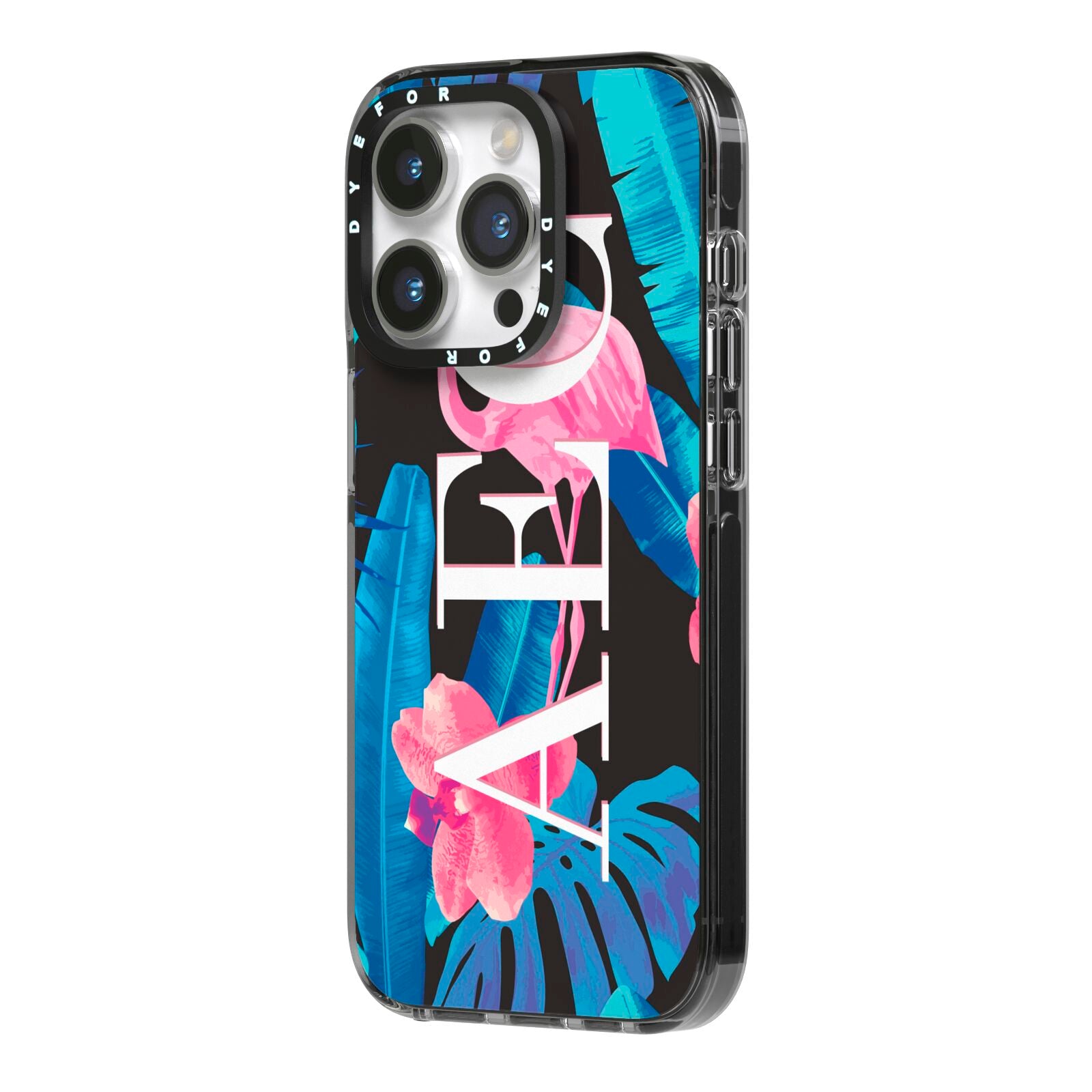 Black Blue Tropical Flamingo iPhone 14 Pro Black Impact Case Side Angle on Silver phone