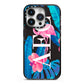 Black Blue Tropical Flamingo iPhone 14 Pro Black Impact Case on Silver phone