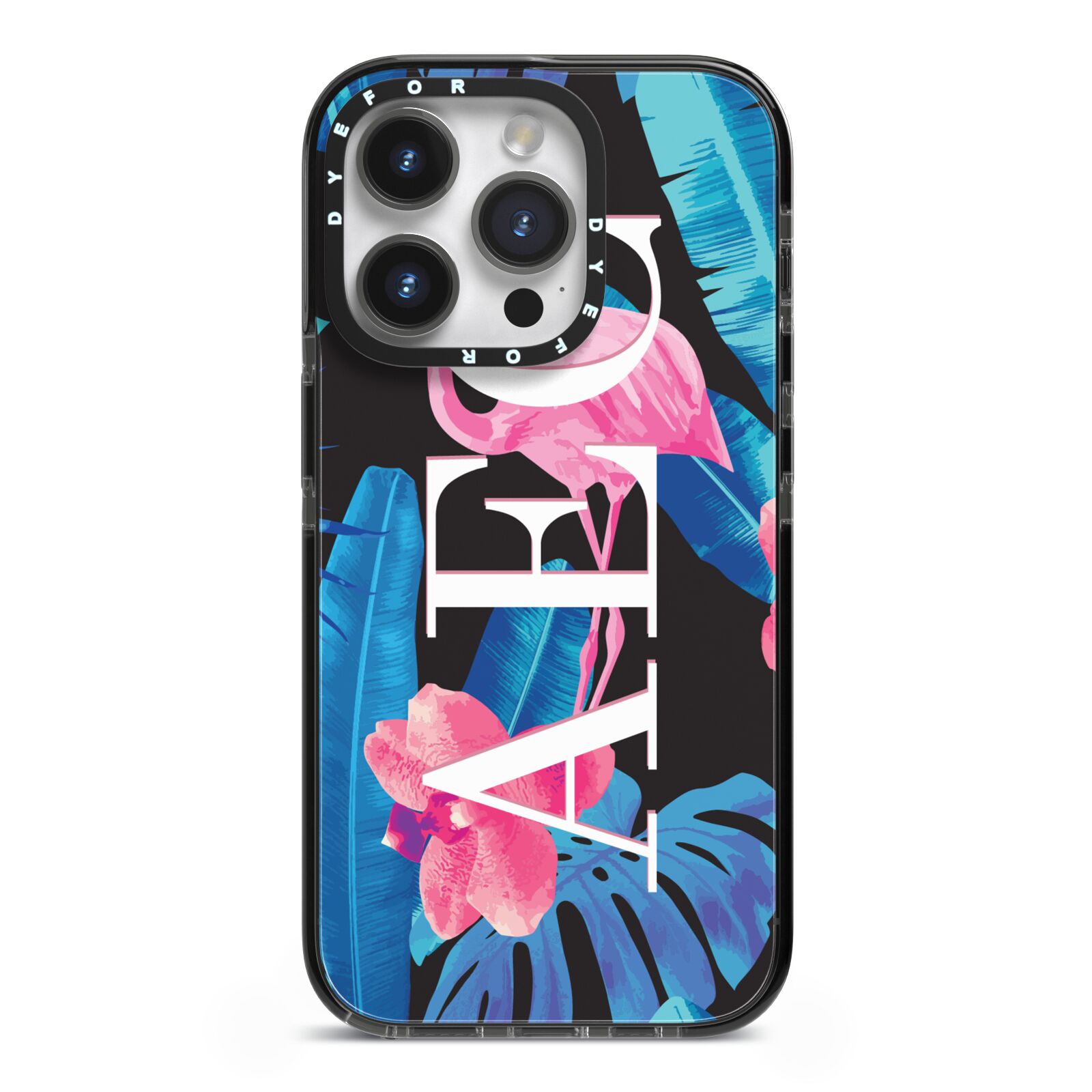 Black Blue Tropical Flamingo iPhone 14 Pro Black Impact Case on Silver phone