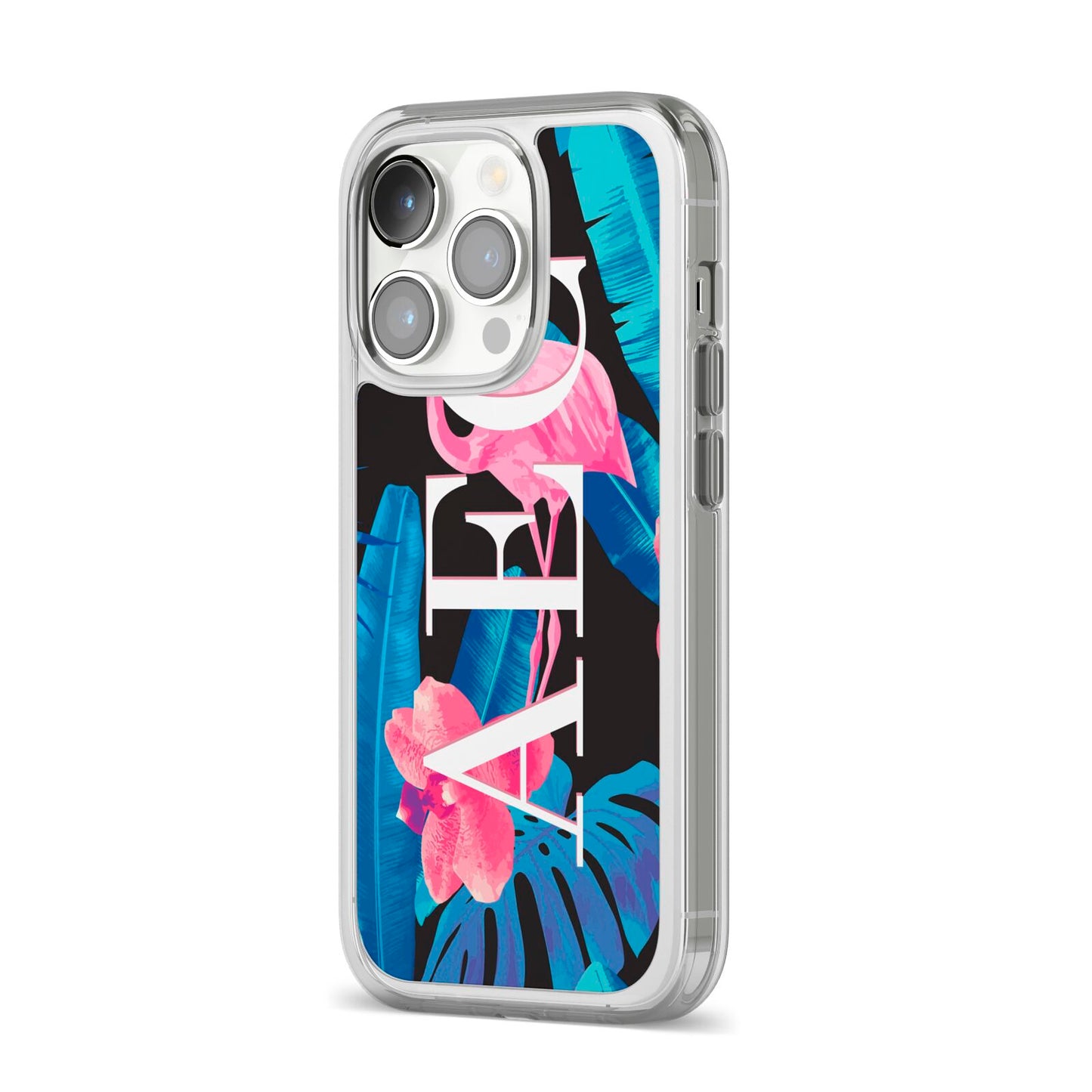 Black Blue Tropical Flamingo iPhone 14 Pro Clear Tough Case Silver Angled Image