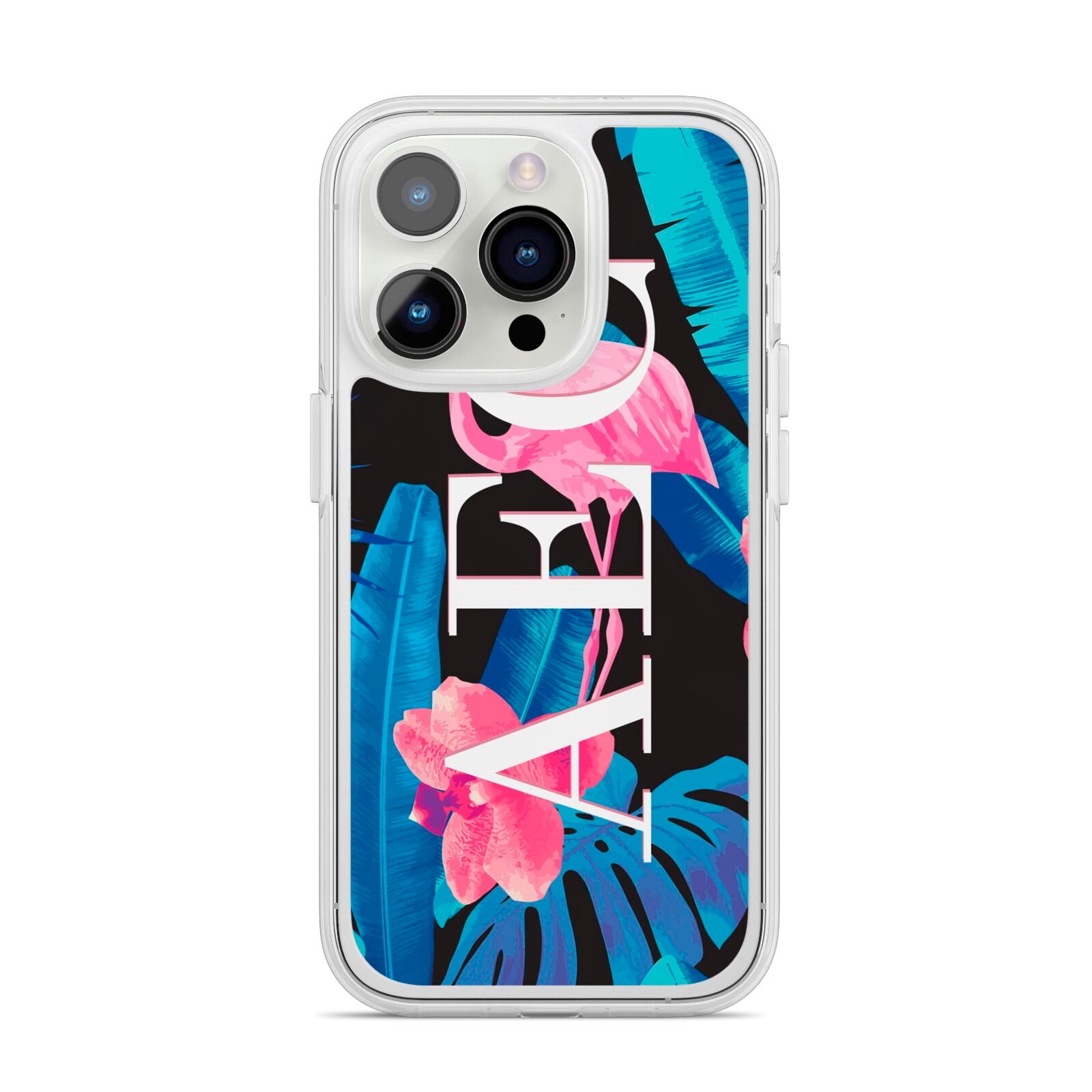 Black Blue Tropical Flamingo iPhone 14 Pro Clear Tough Case Silver