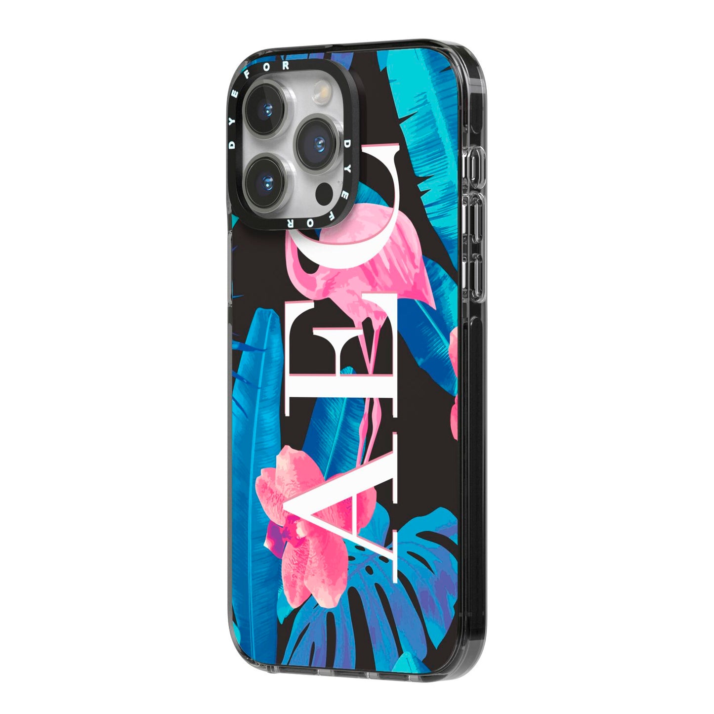 Black Blue Tropical Flamingo iPhone 14 Pro Max Black Impact Case Side Angle on Silver phone