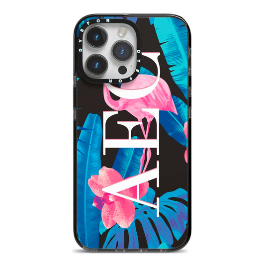 Black Blue Tropical Flamingo iPhone 14 Pro Max Black Impact Case on Silver phone