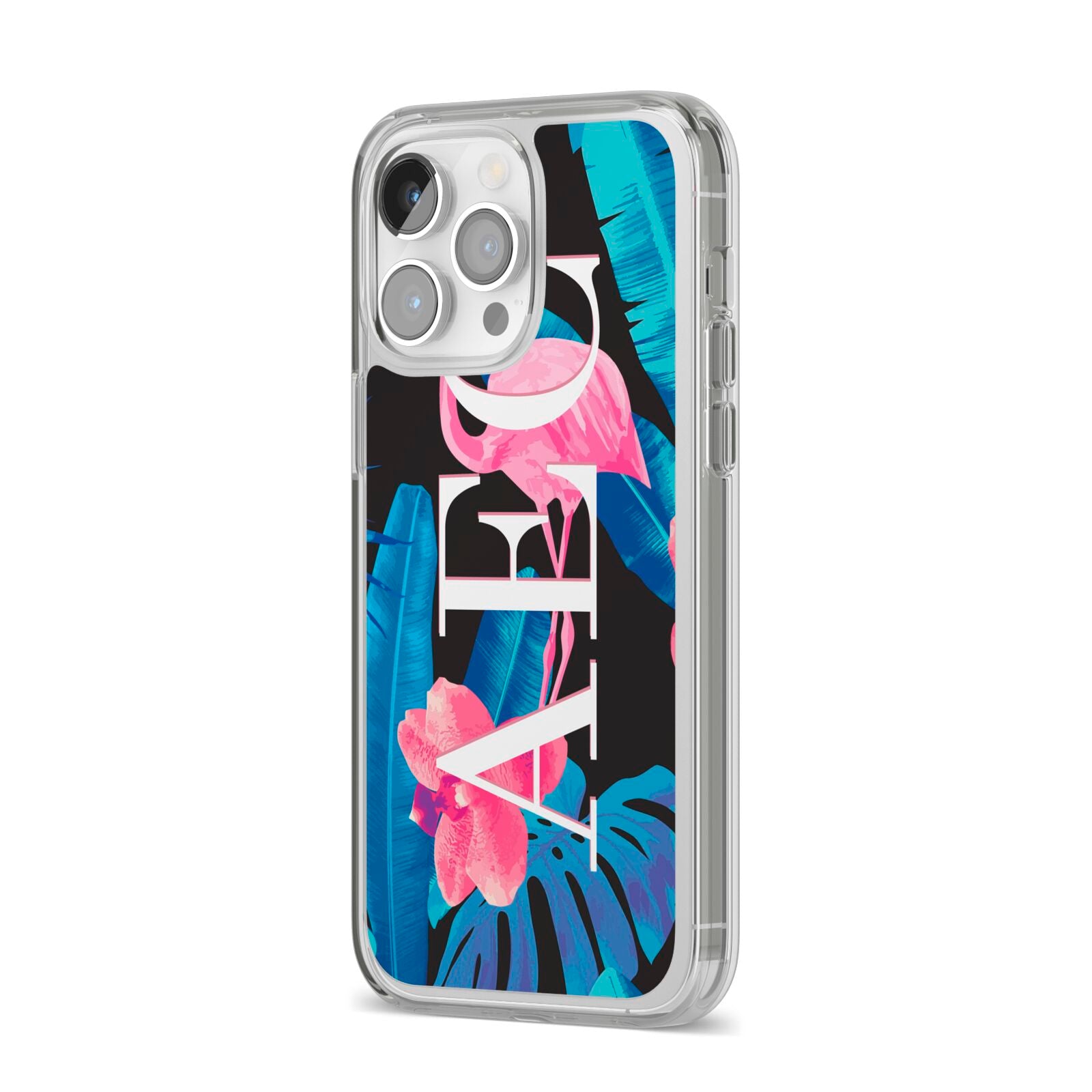 Black Blue Tropical Flamingo iPhone 14 Pro Max Clear Tough Case Silver Angled Image
