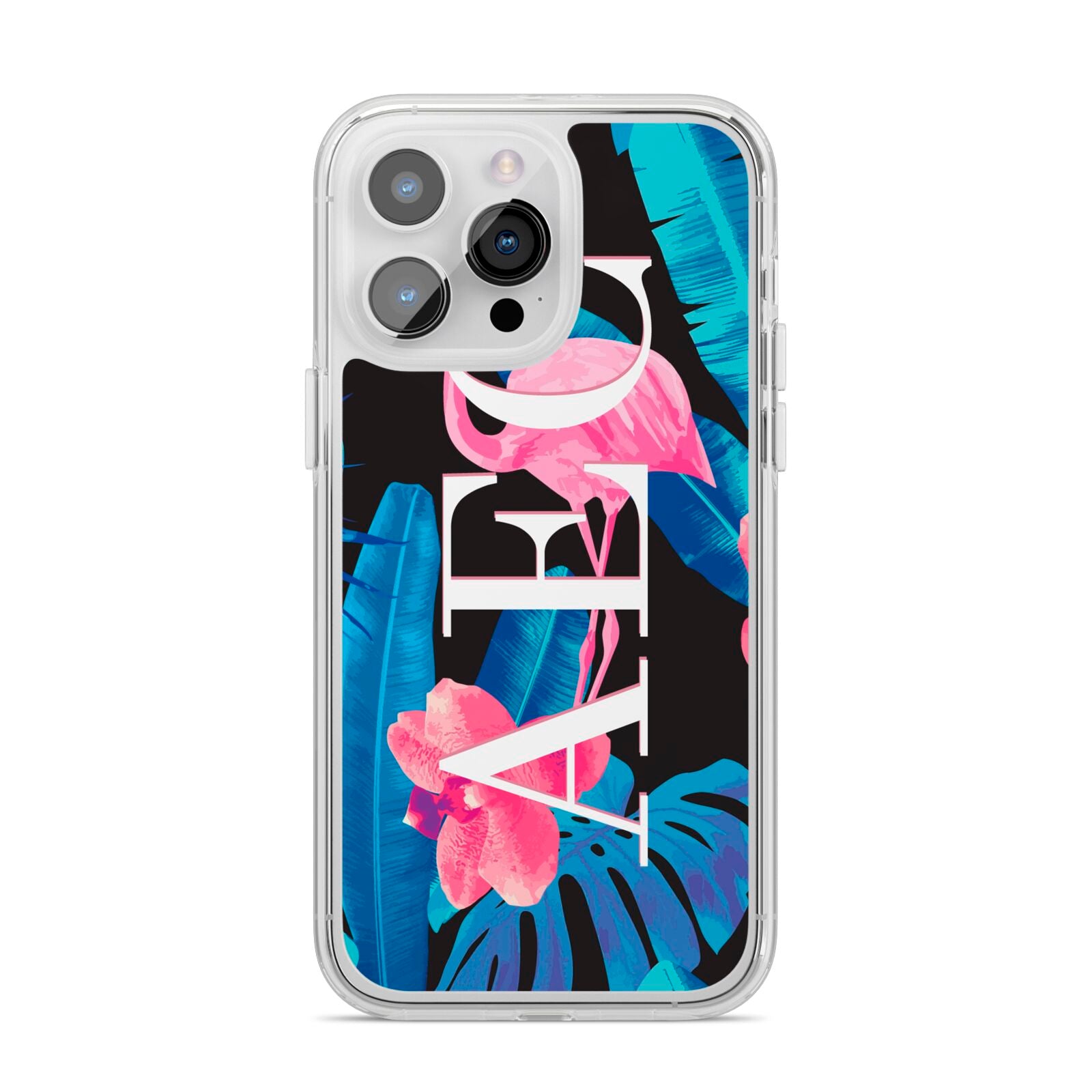 Black Blue Tropical Flamingo iPhone 14 Pro Max Clear Tough Case Silver