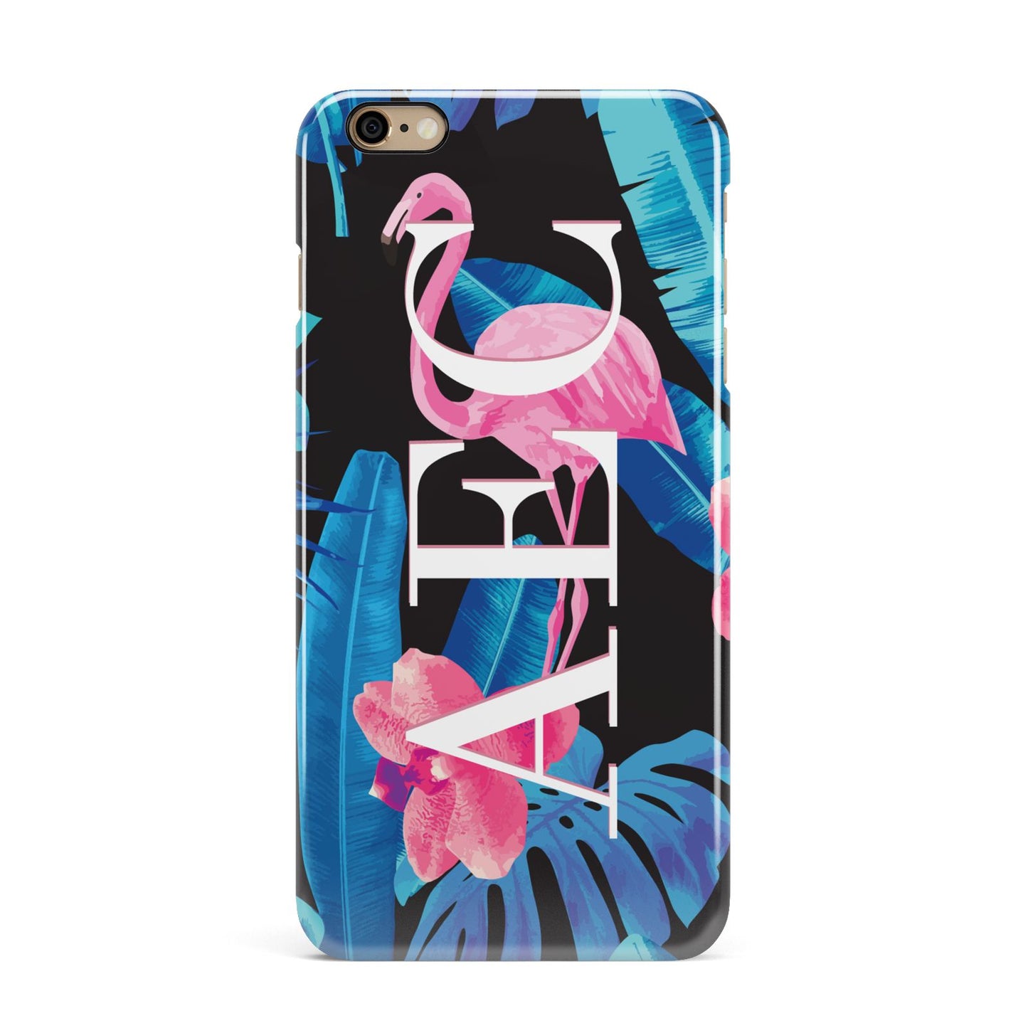 Black Blue Tropical Flamingo iPhone 6 Plus 3D Snap Case on Gold Phone