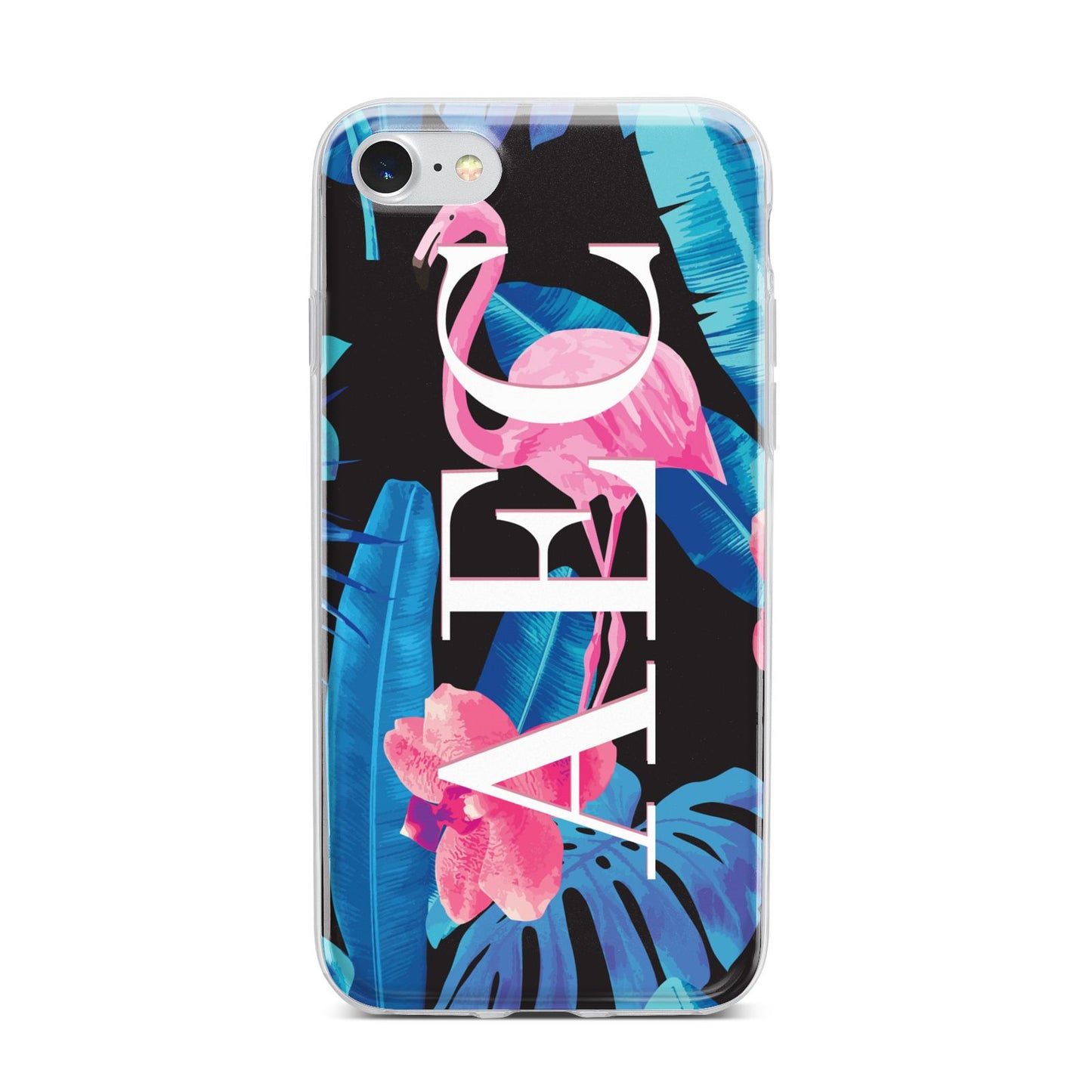 Black Blue Tropical Flamingo iPhone 7 Bumper Case on Silver iPhone