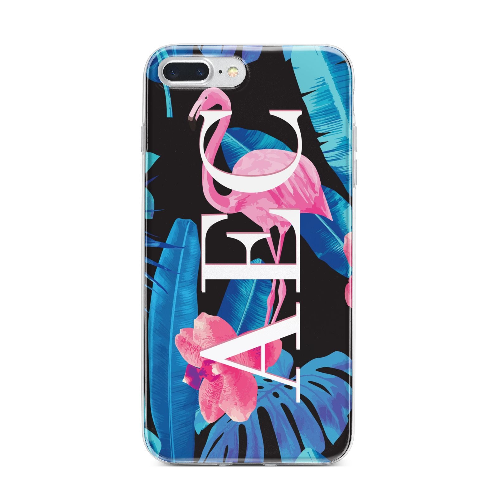 Black Blue Tropical Flamingo iPhone 7 Plus Bumper Case on Silver iPhone