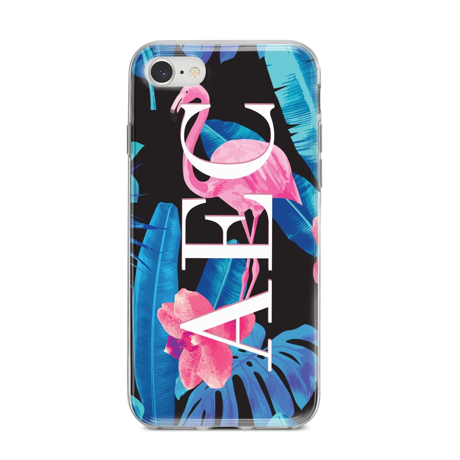 Black Blue Tropical Flamingo iPhone 8 Bumper Case on Silver iPhone