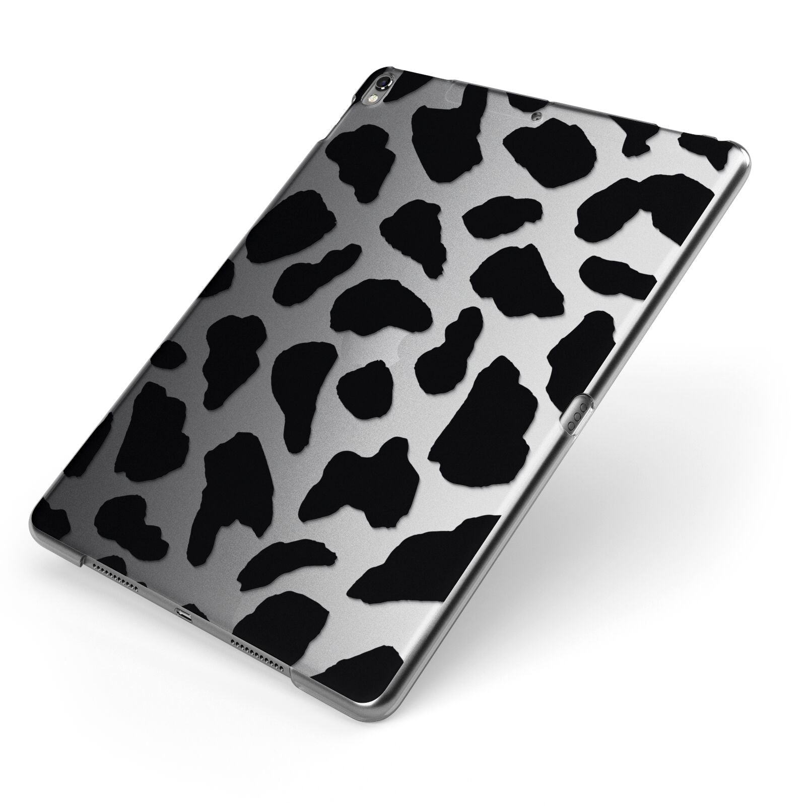 Black Cow Print Apple iPad Case on Grey iPad Side View