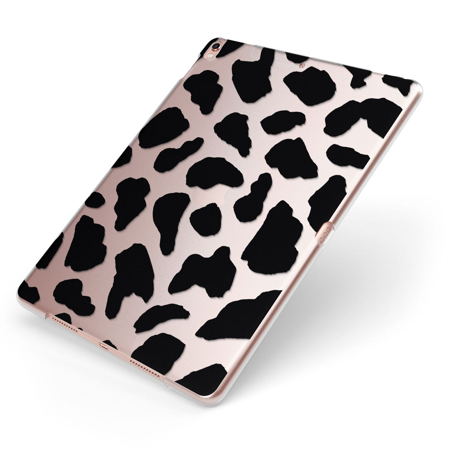 Black Cow Print Apple iPad Case on Rose Gold iPad Side View