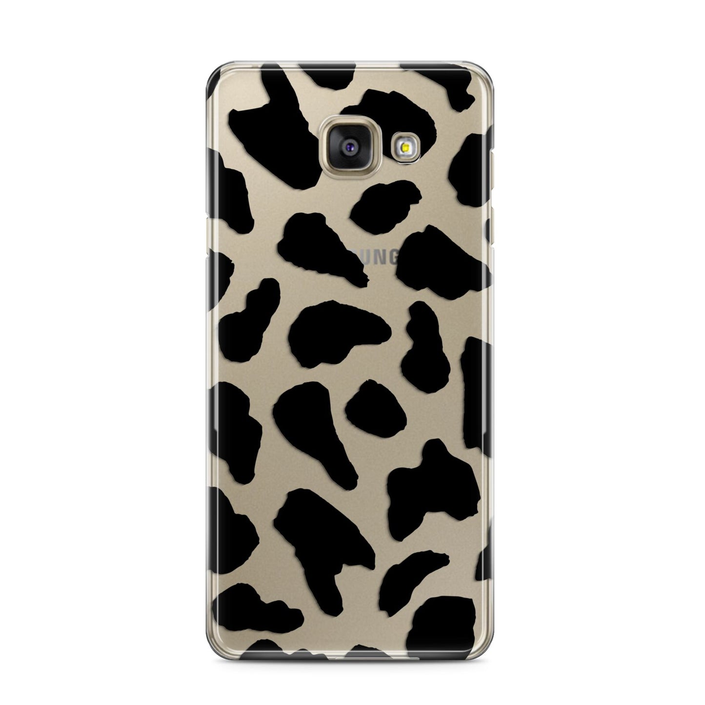 Black Cow Print Samsung Galaxy A3 2016 Case on gold phone