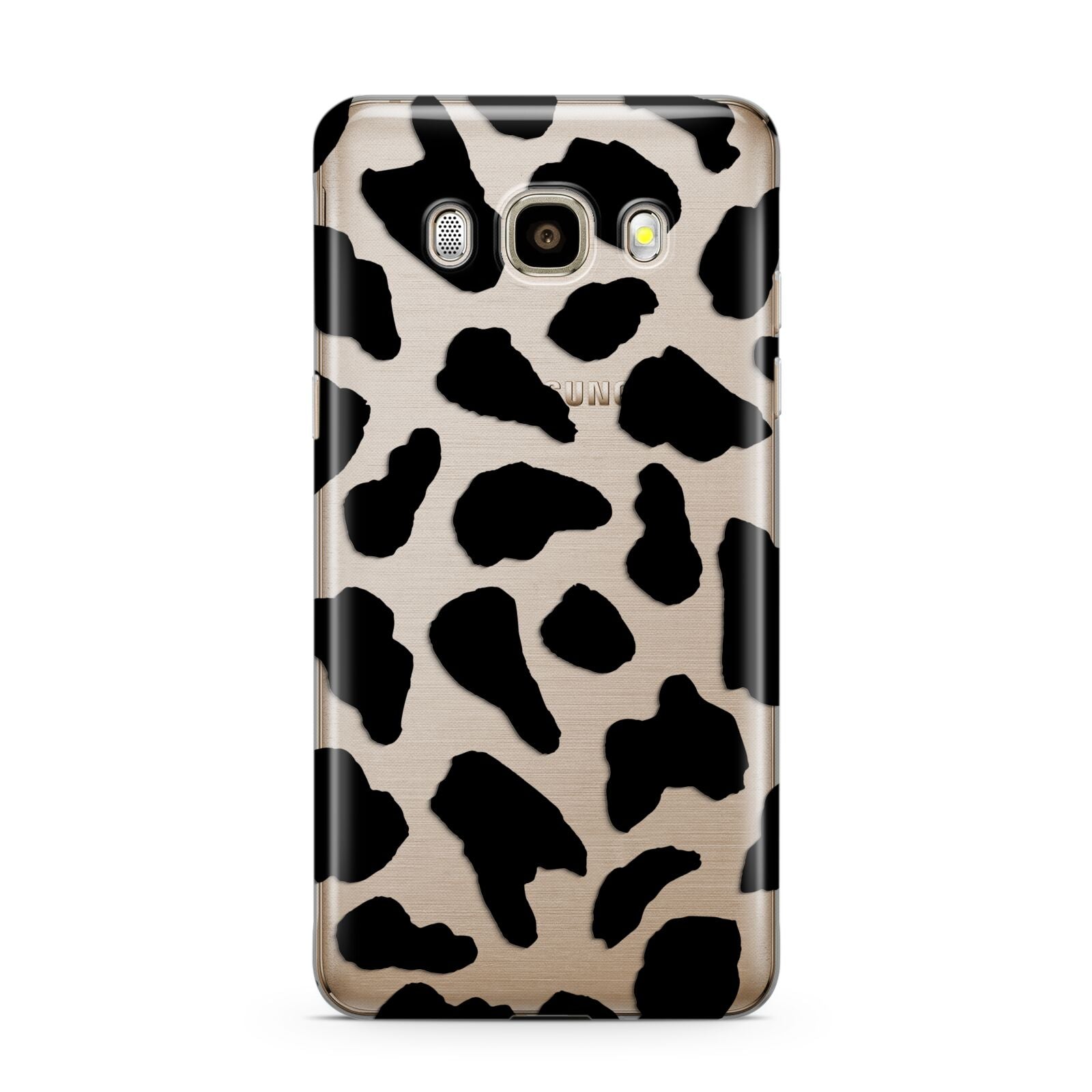 Black Cow Print Samsung Galaxy J7 2016 Case on gold phone
