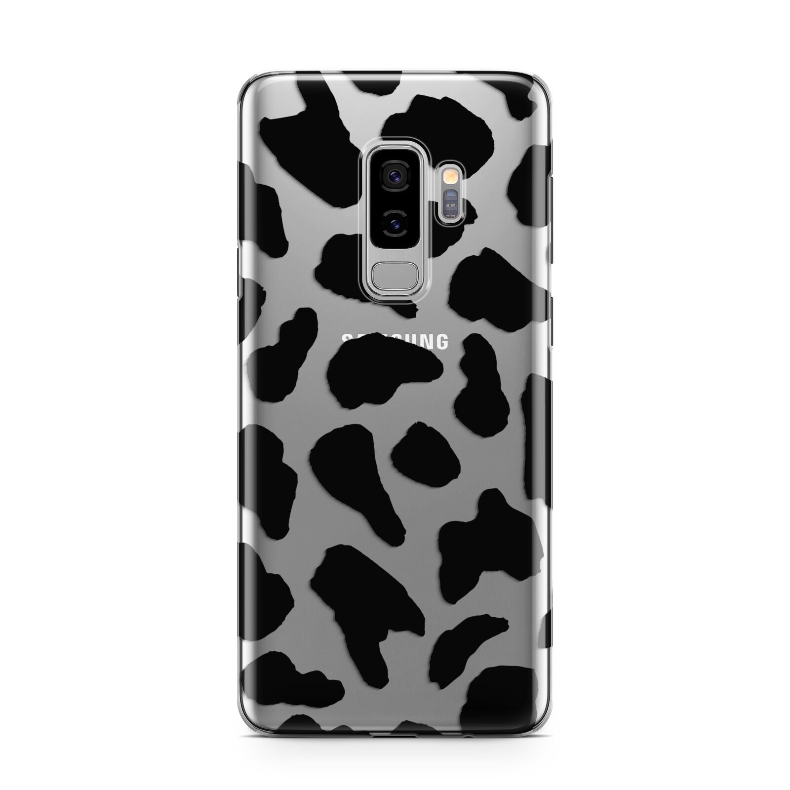 Black Cow Print Samsung Galaxy S9 Plus Case on Silver phone