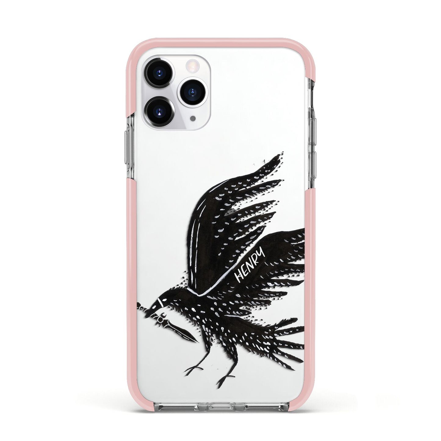 Black Crow Personalised Apple iPhone 11 Pro in Silver with Pink Impact Case
