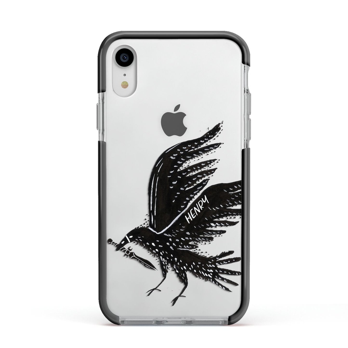 Black Crow Personalised Apple iPhone XR Impact Case Black Edge on Silver Phone