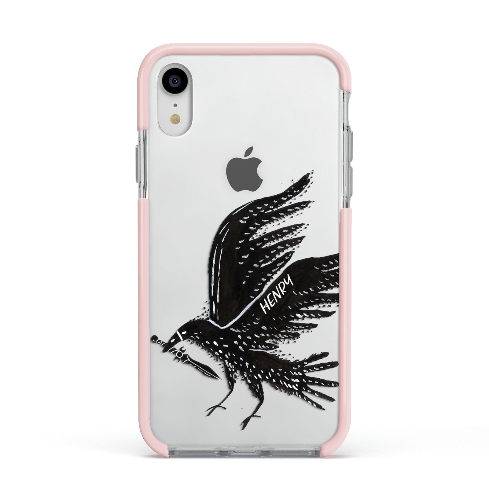 Black Crow Personalised Apple iPhone XR Impact Case Pink Edge on Silver Phone