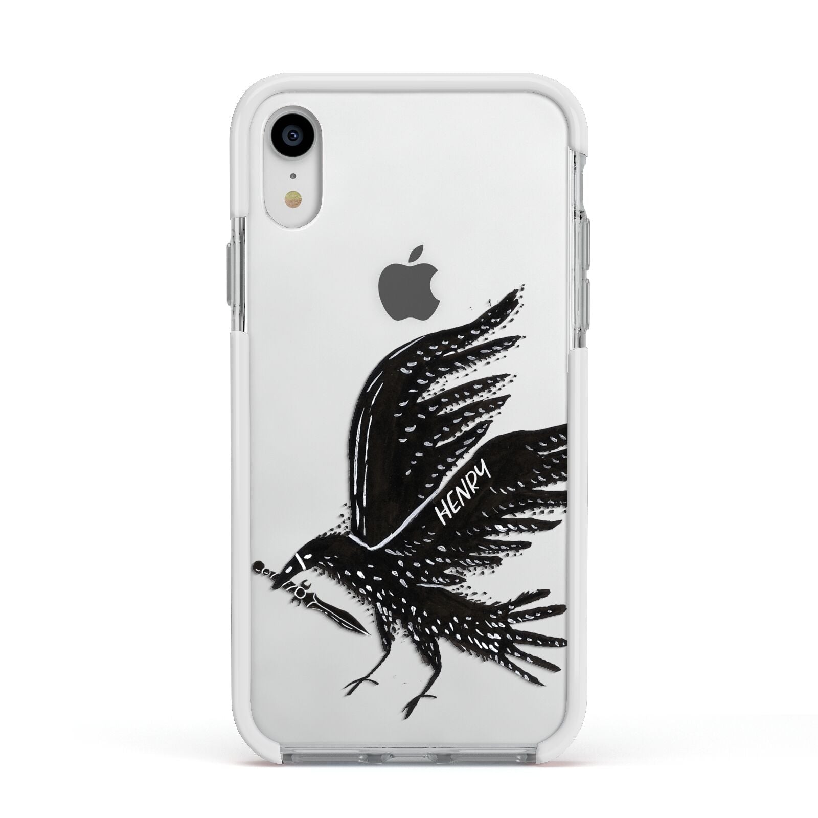 Black Crow Personalised Apple iPhone XR Impact Case White Edge on Silver Phone