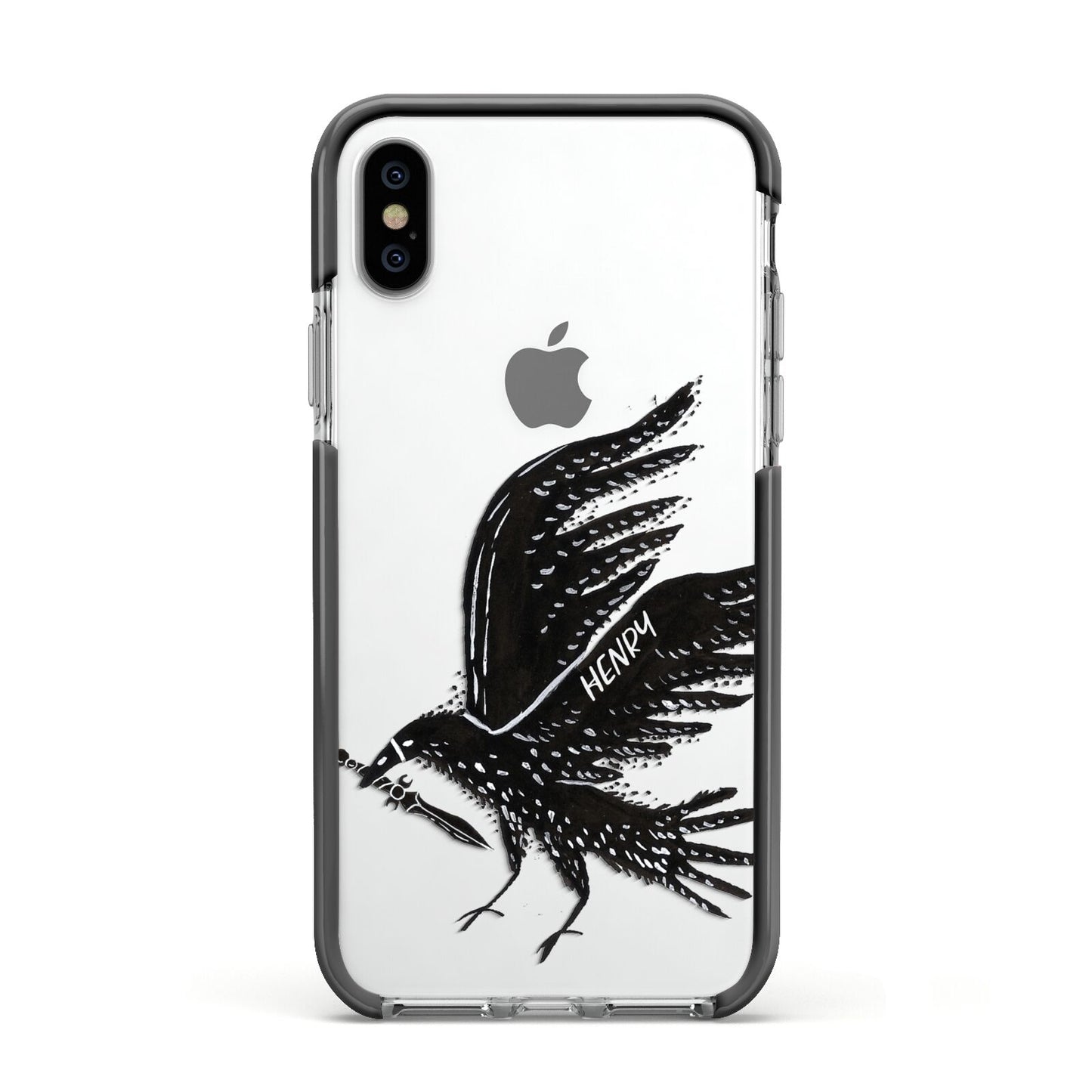 Black Crow Personalised Apple iPhone Xs Impact Case Black Edge on Silver Phone