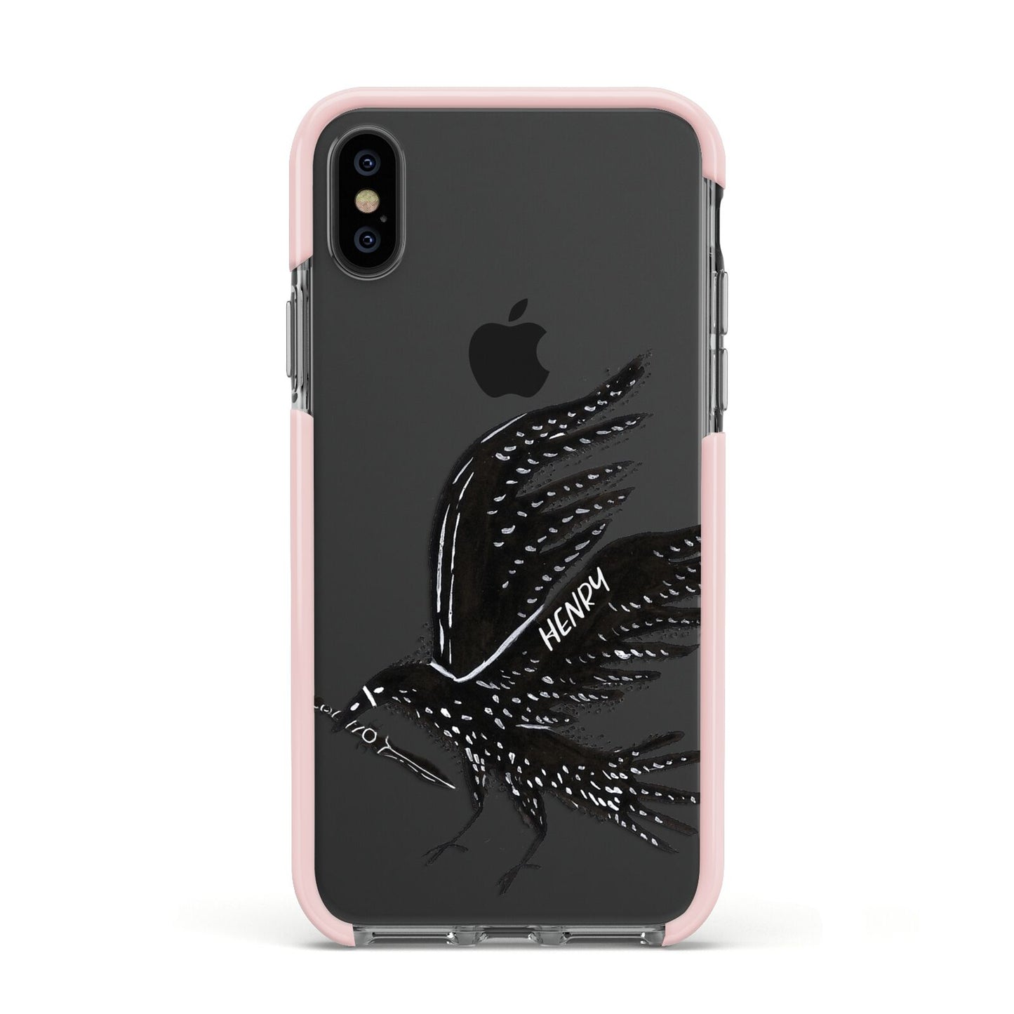 Black Crow Personalised Apple iPhone Xs Impact Case Pink Edge on Black Phone