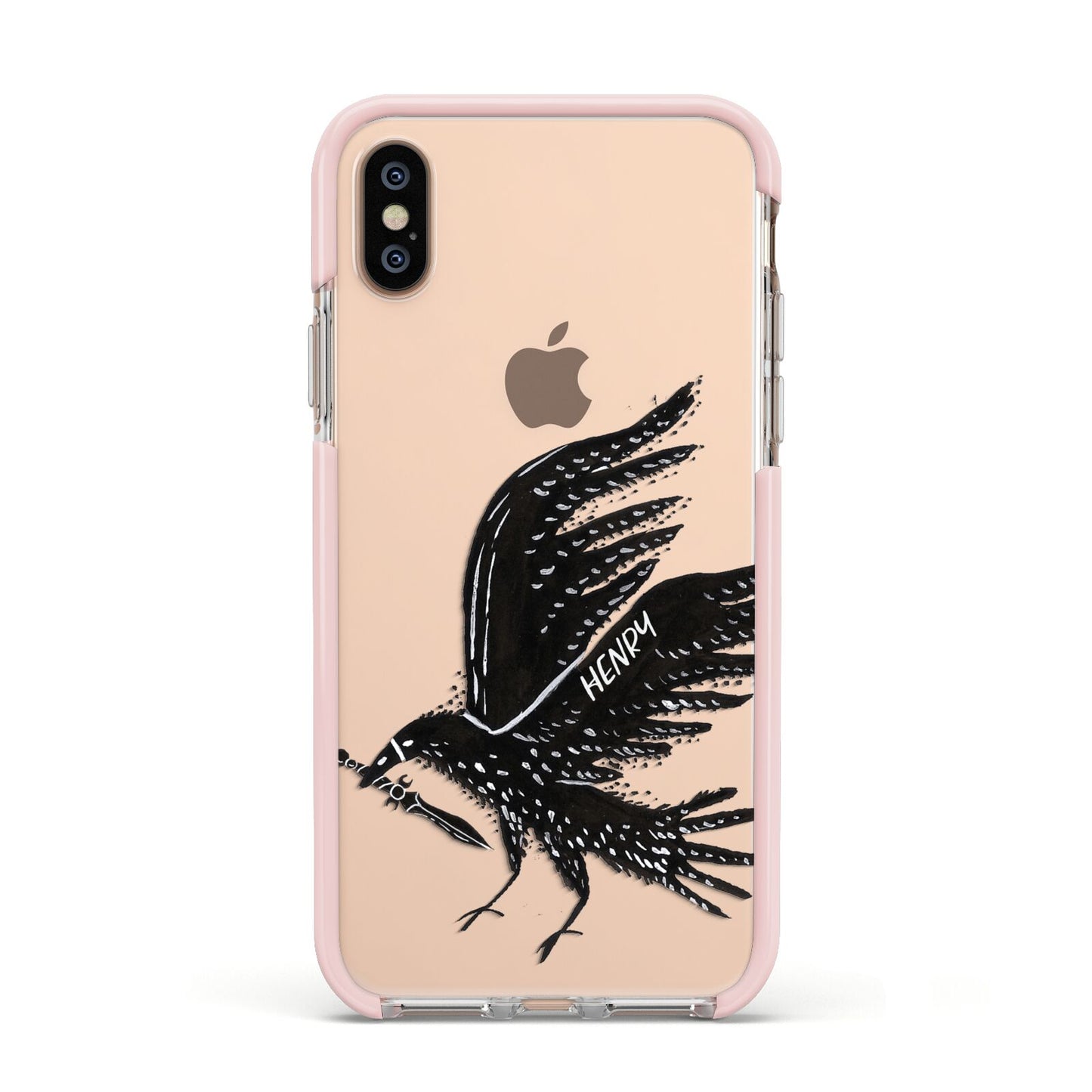 Black Crow Personalised Apple iPhone Xs Impact Case Pink Edge on Gold Phone