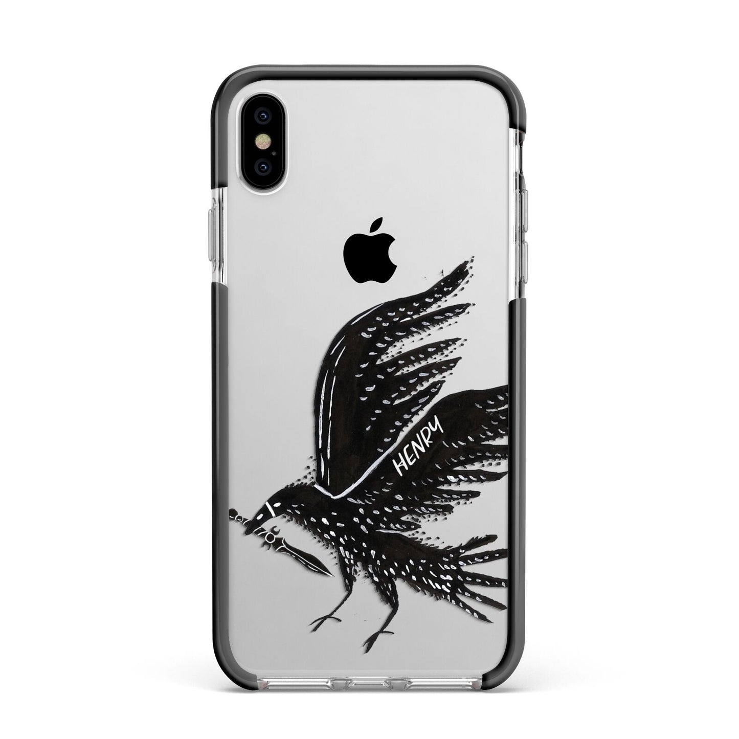 Black Crow Personalised Apple iPhone Xs Max Impact Case Black Edge on Silver Phone