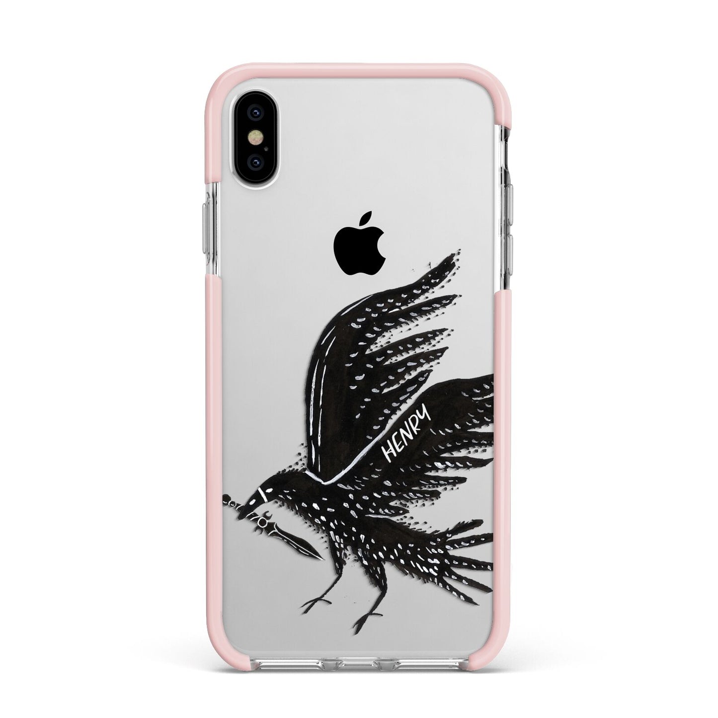 Black Crow Personalised Apple iPhone Xs Max Impact Case Pink Edge on Silver Phone