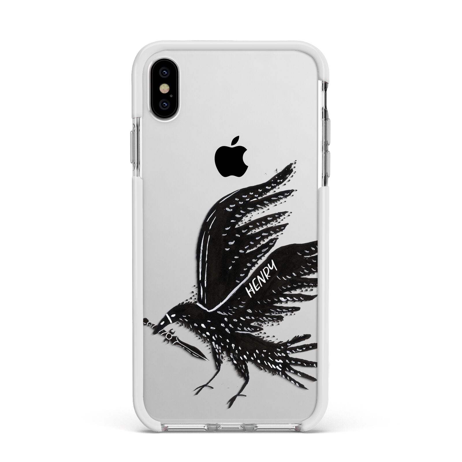 Black Crow Personalised Apple iPhone Xs Max Impact Case White Edge on Silver Phone