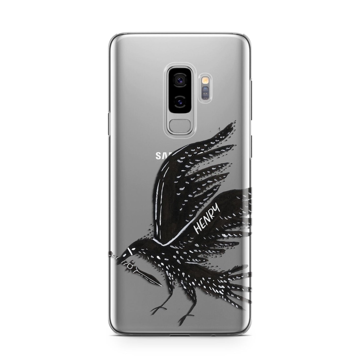 Black Crow Personalised Samsung Galaxy S9 Plus Case on Silver phone
