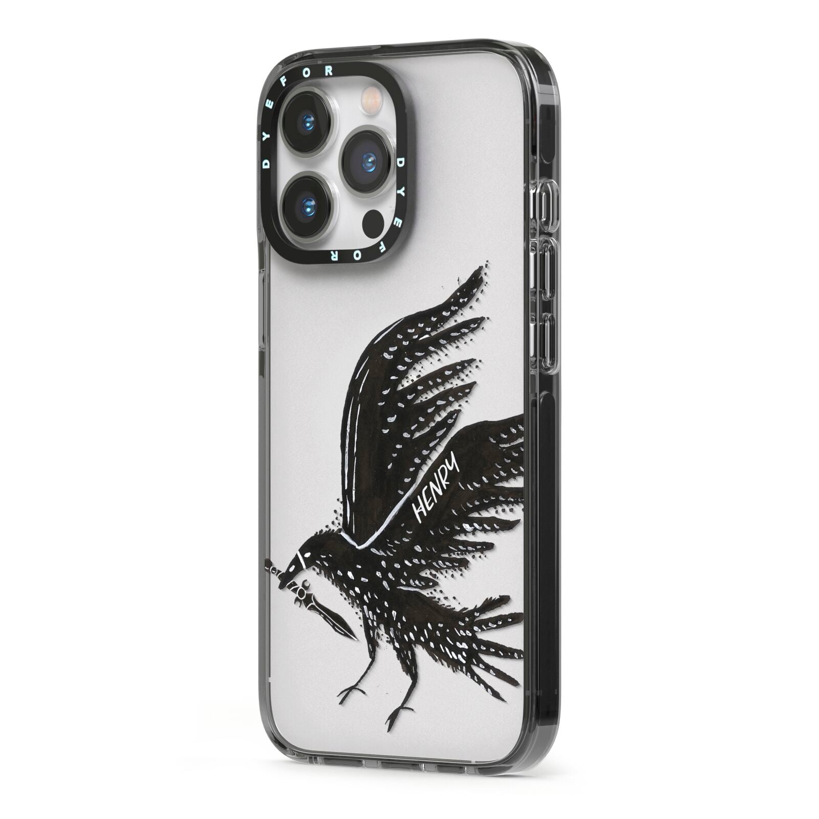 Black Crow Personalised iPhone 13 Pro Black Impact Case Side Angle on Silver phone
