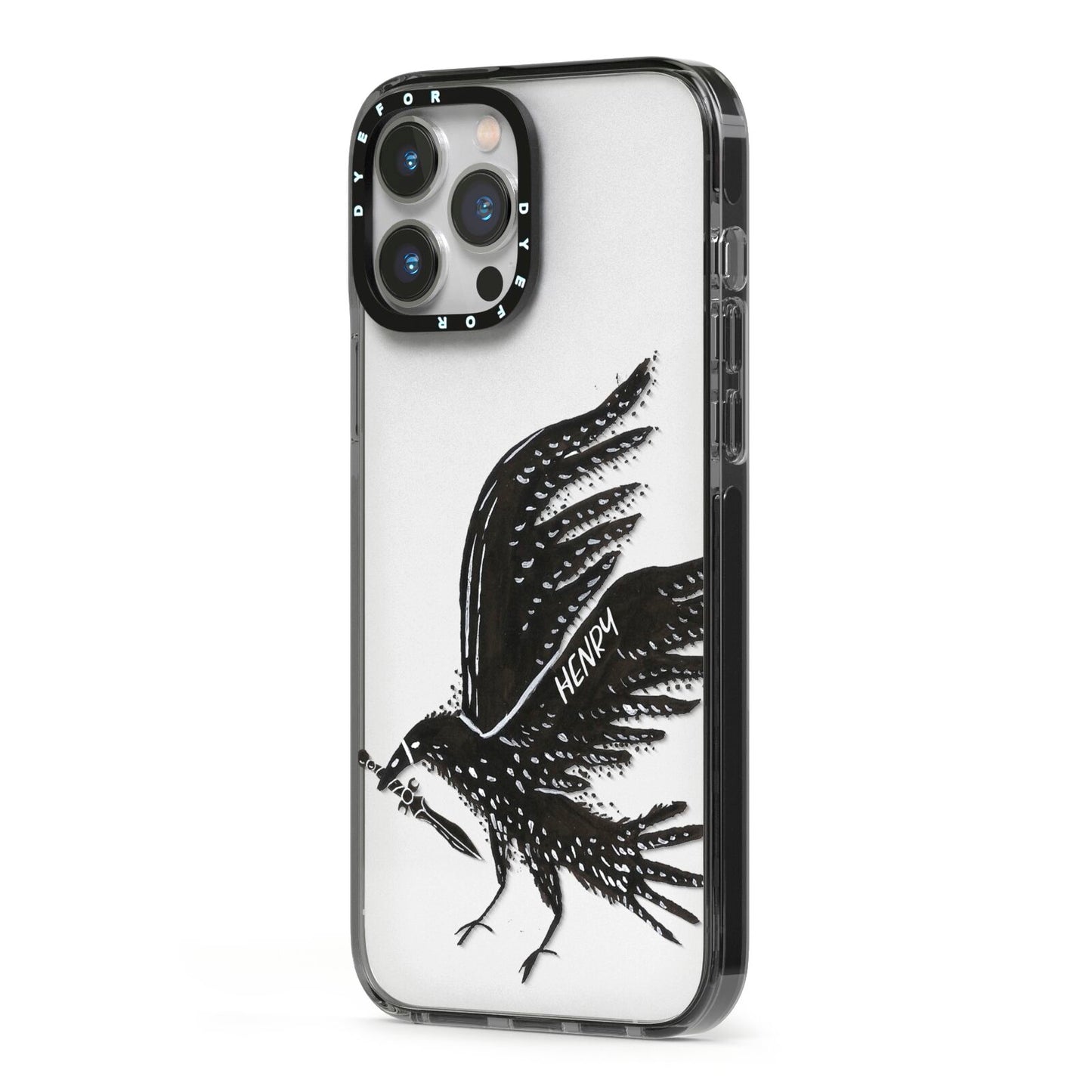 Black Crow Personalised iPhone 13 Pro Max Black Impact Case Side Angle on Silver phone