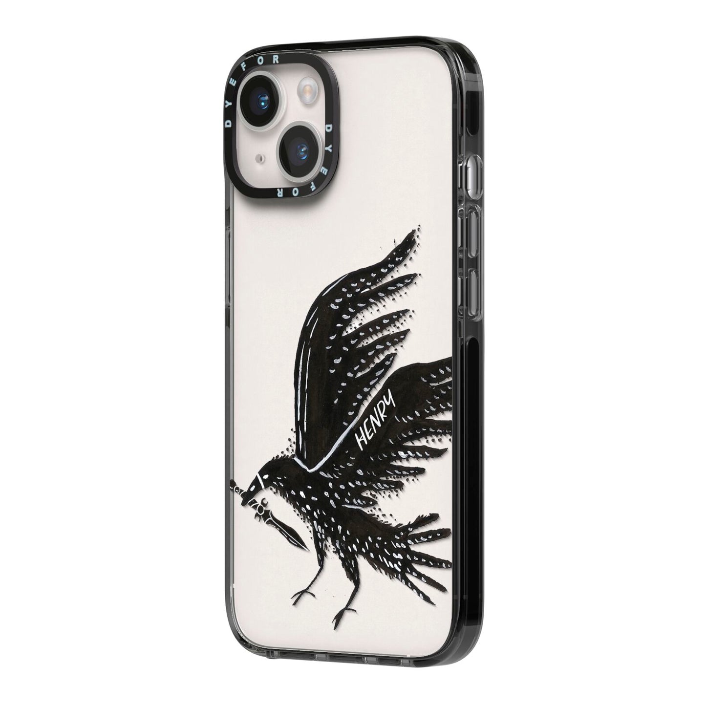 Black Crow Personalised iPhone 14 Black Impact Case Side Angle on Silver phone