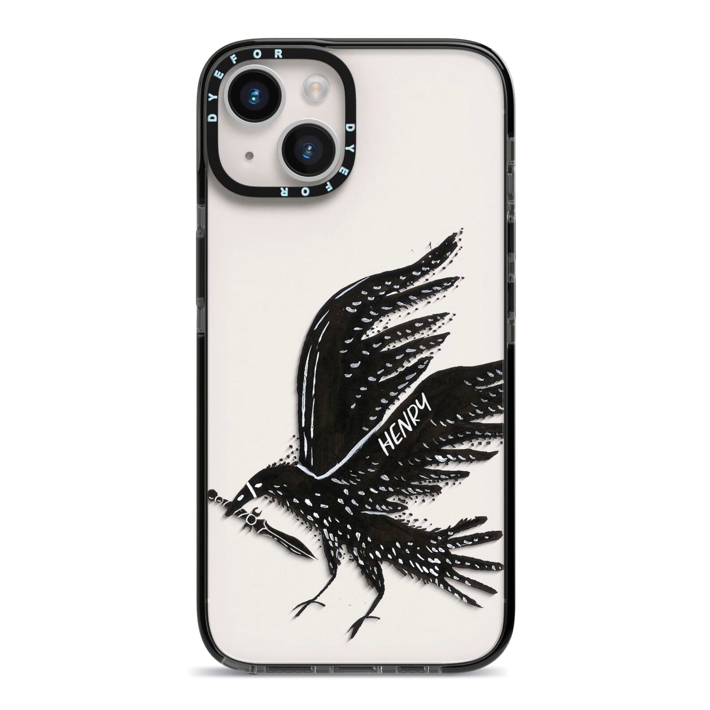 Black Crow Personalised iPhone 14 Black Impact Case on Silver phone