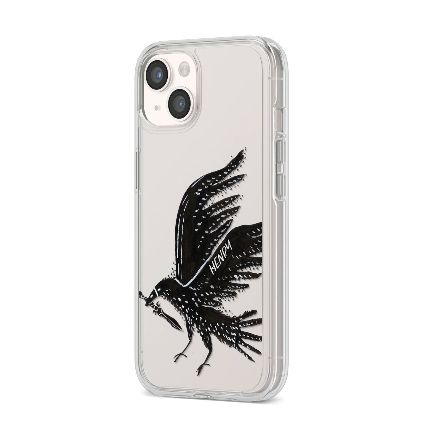 Black Crow Personalised iPhone 14 Clear Tough Case Starlight Angled Image