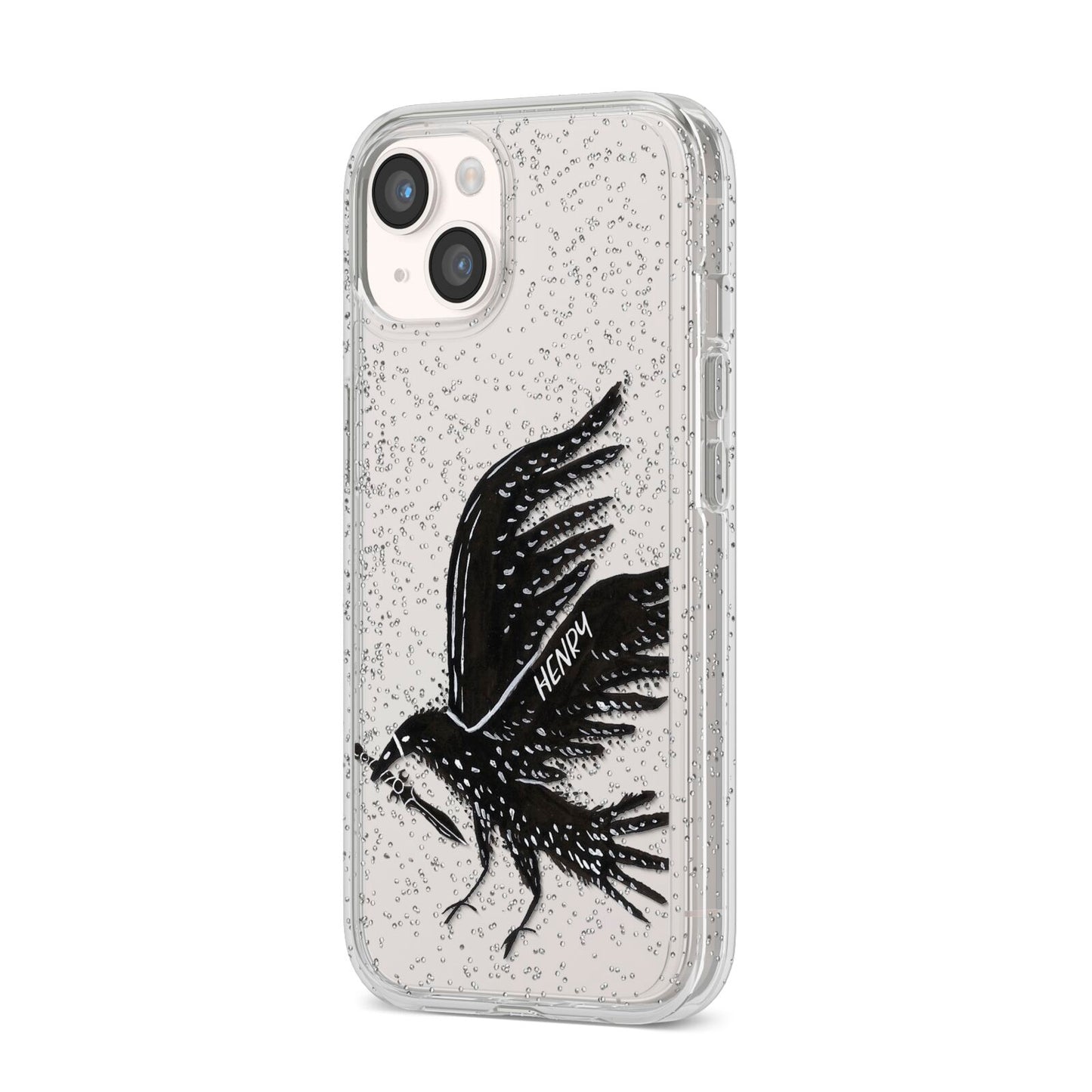 Black Crow Personalised iPhone 14 Glitter Tough Case Starlight Angled Image