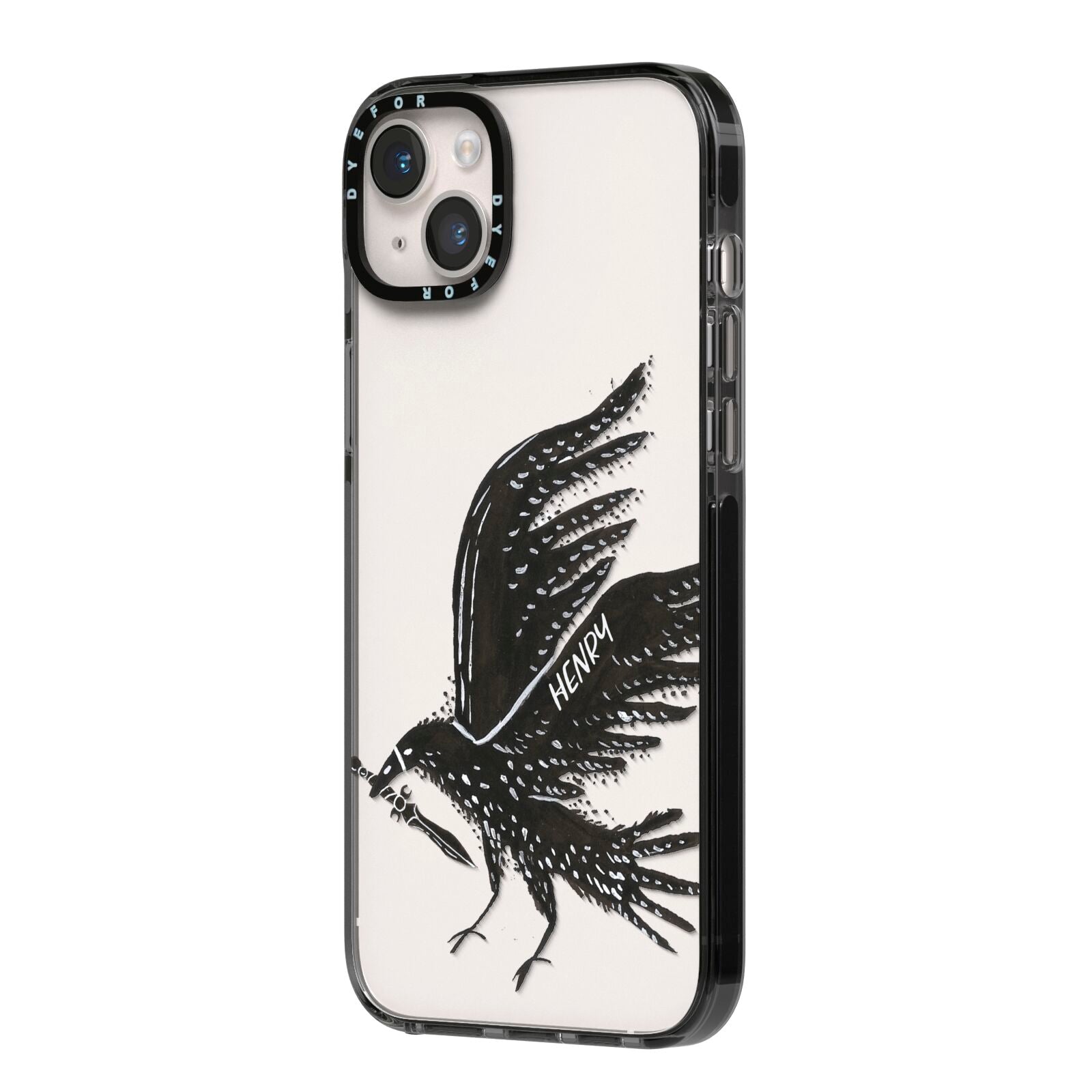 Black Crow Personalised iPhone 14 Plus Black Impact Case Side Angle on Silver phone