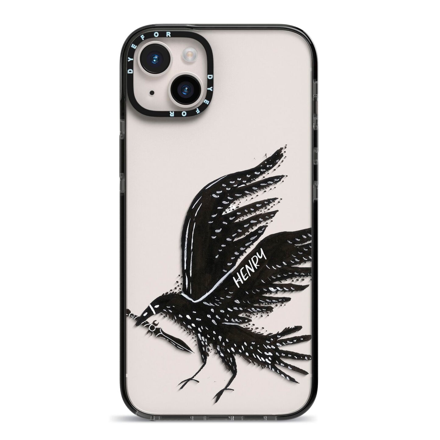 Black Crow Personalised iPhone 14 Plus Black Impact Case on Silver phone