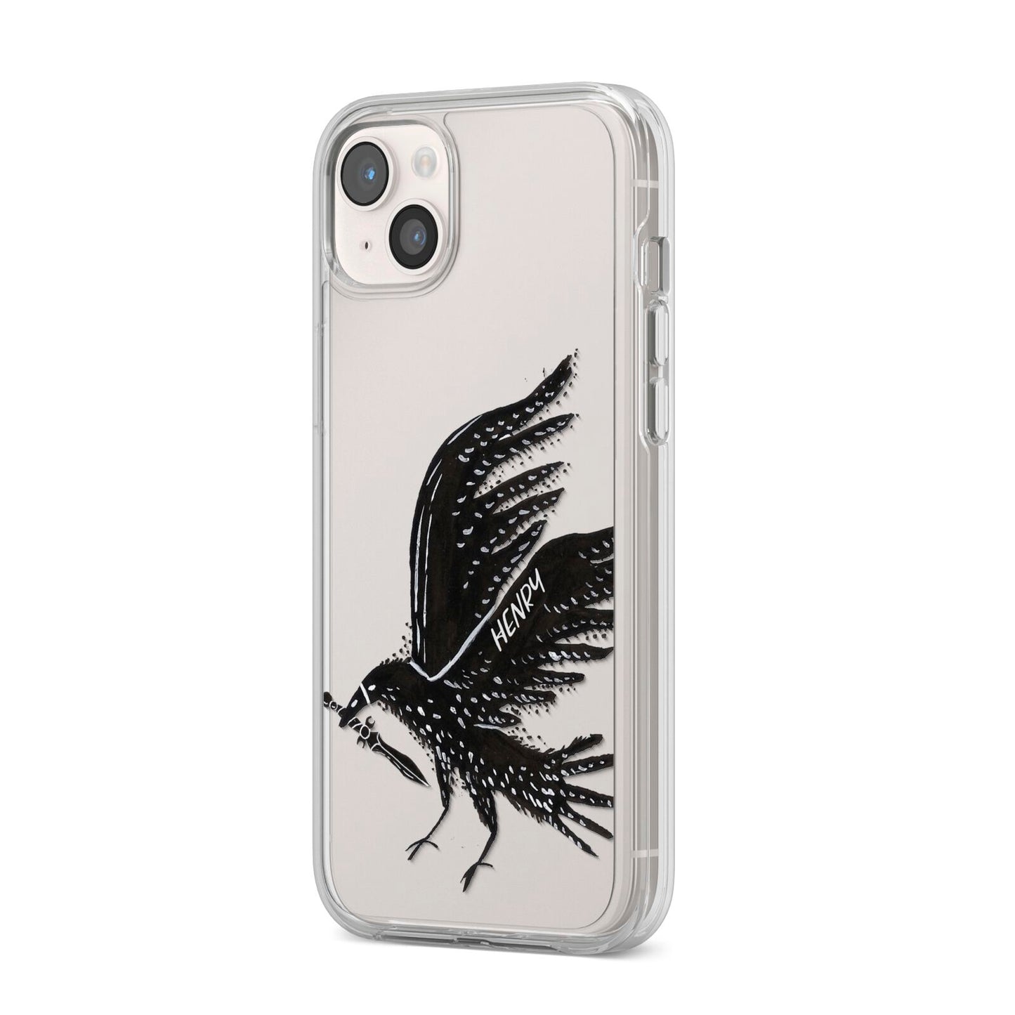 Black Crow Personalised iPhone 14 Plus Clear Tough Case Starlight Angled Image