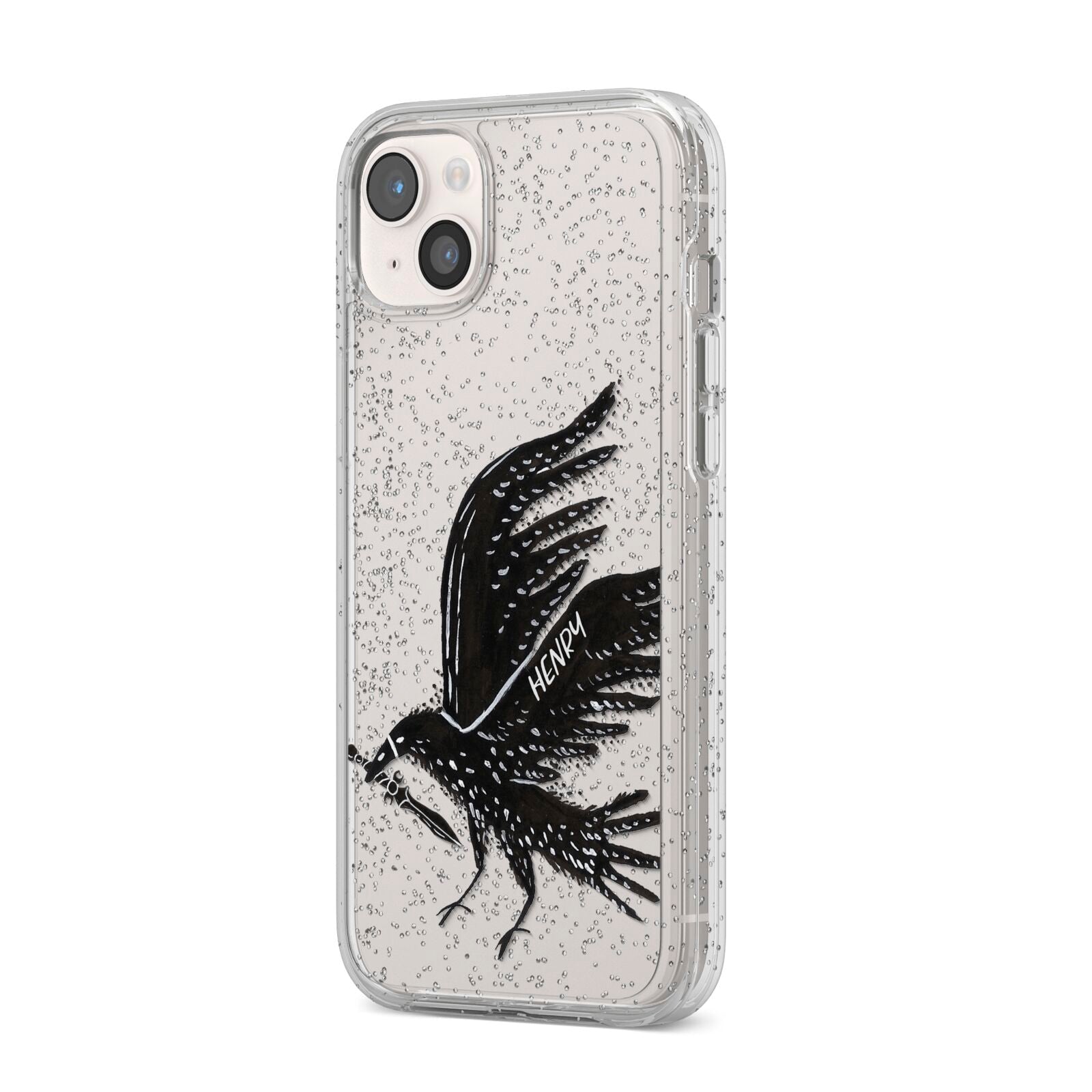 Black Crow Personalised iPhone 14 Plus Glitter Tough Case Starlight Angled Image