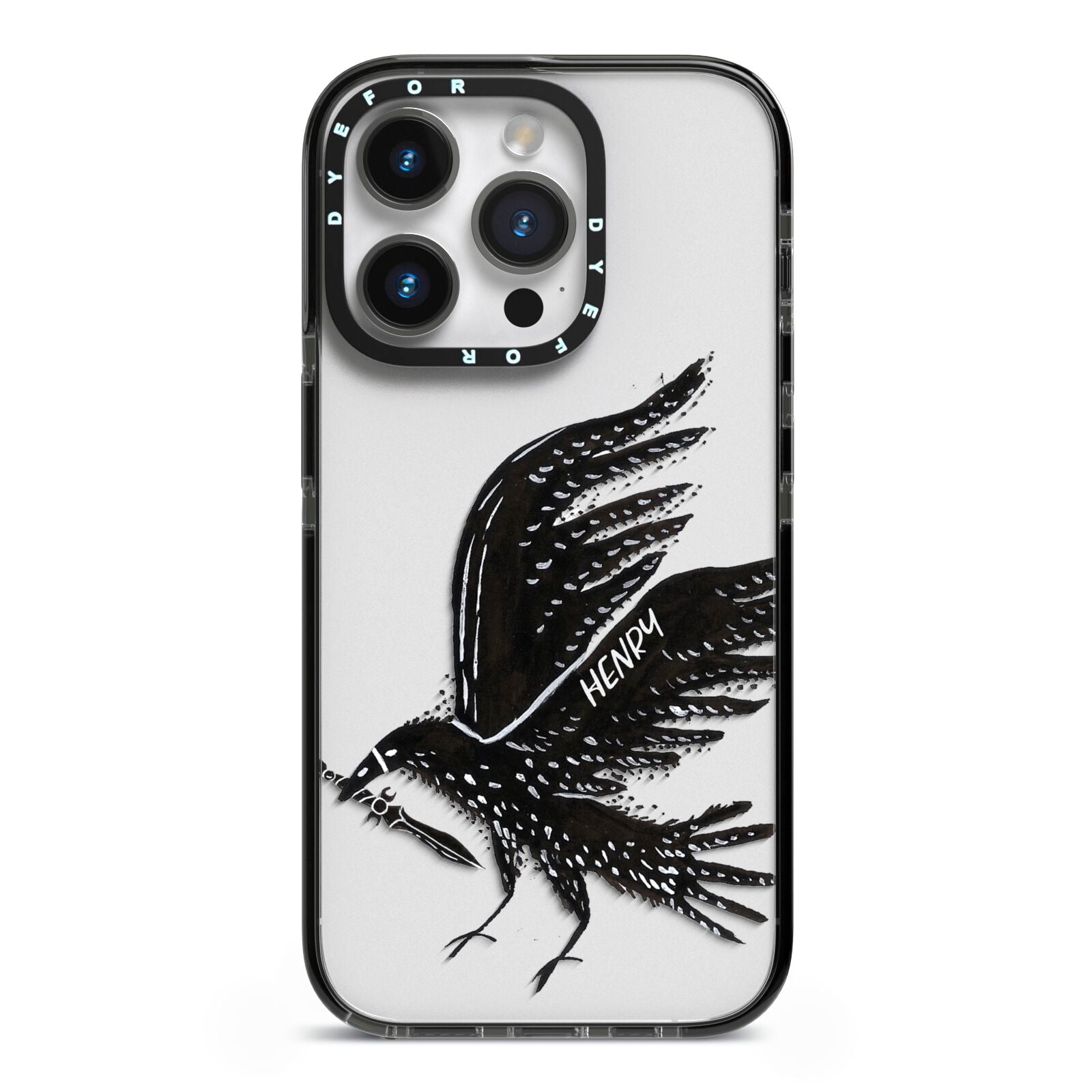 Black Crow Personalised iPhone 14 Pro Black Impact Case on Silver phone