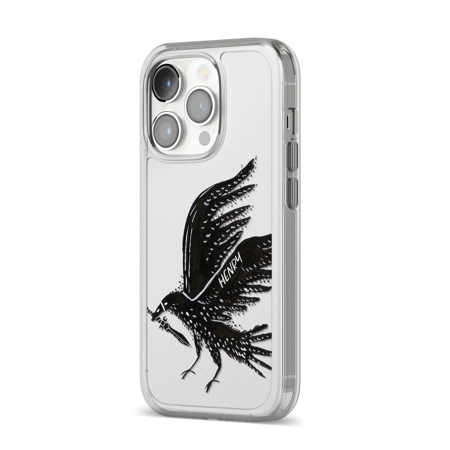 Black Crow Personalised iPhone 14 Pro Clear Tough Case Silver Angled Image