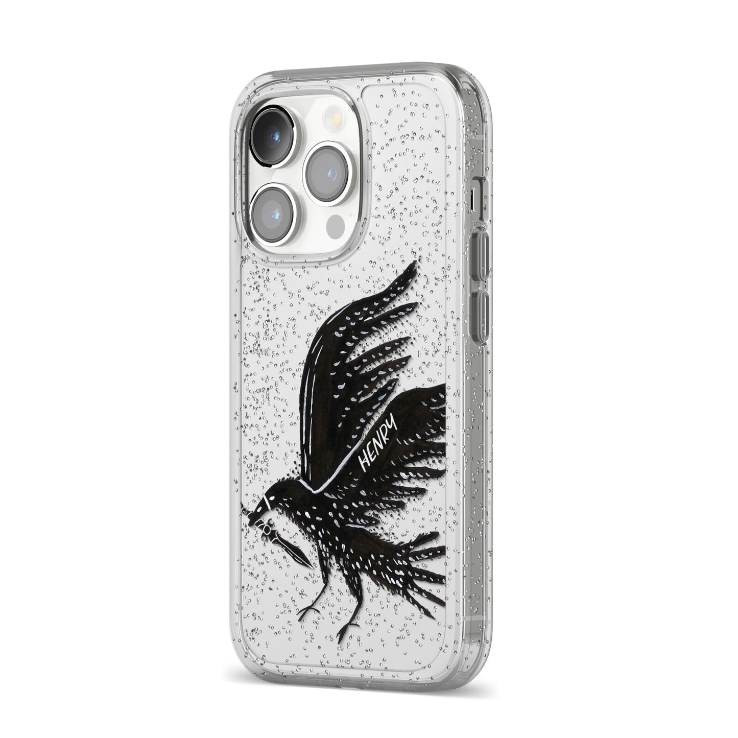 Black Crow Personalised iPhone 14 Pro Glitter Tough Case Silver Angled Image