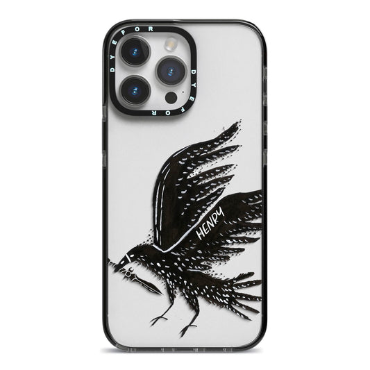 Black Crow Personalised iPhone 14 Pro Max Black Impact Case on Silver phone